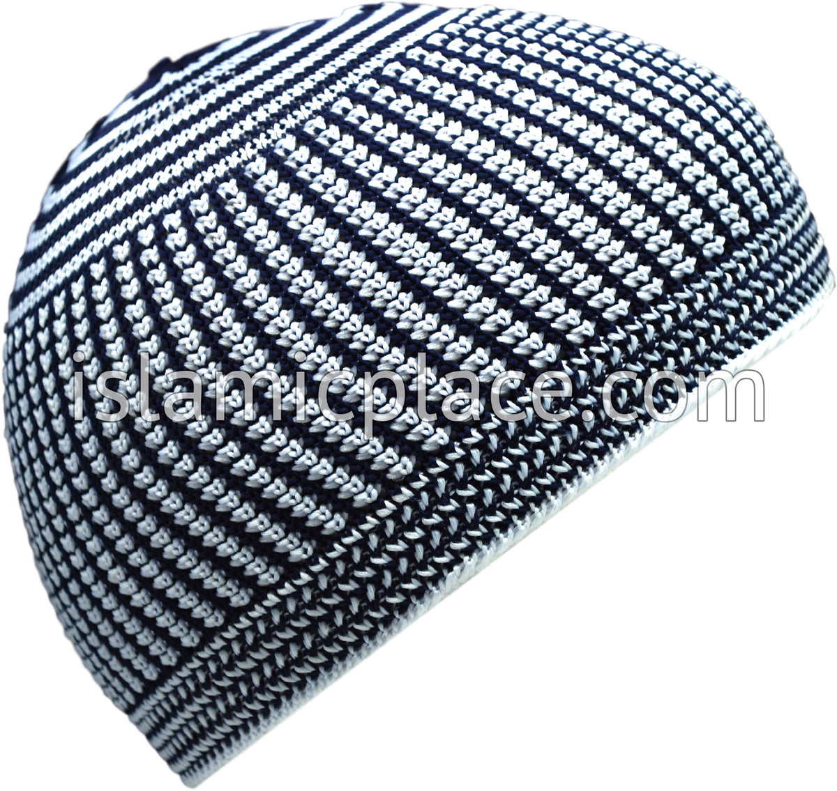 Navy Blue &amp; White - Elastic Knitted Bashir Designer Kufi