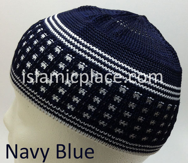 Navy Blue &amp; White - Elastic Knitted Ameen Designer Kufi