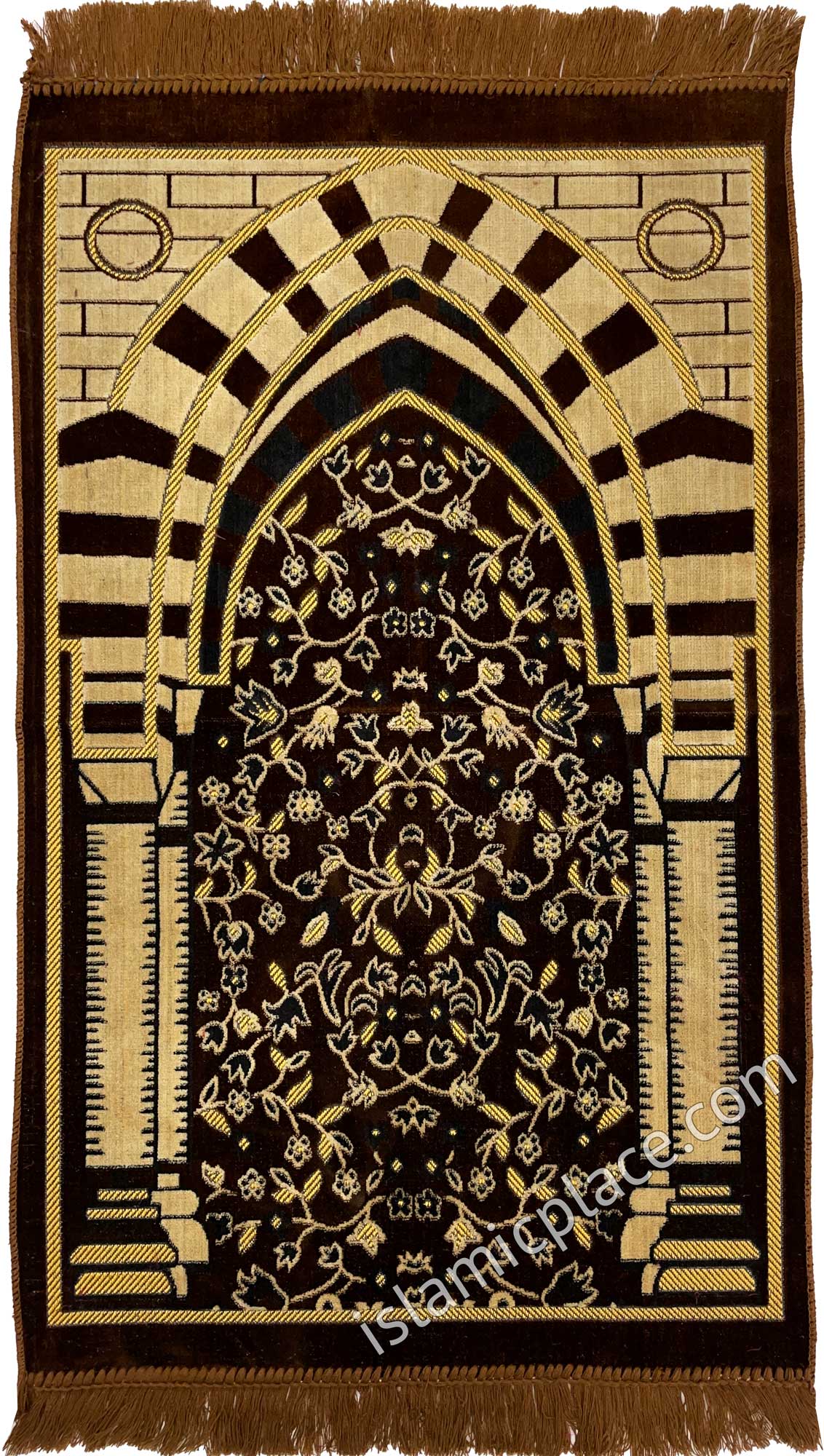 Brown and Tan Prayer Rug with Medina Mihrab