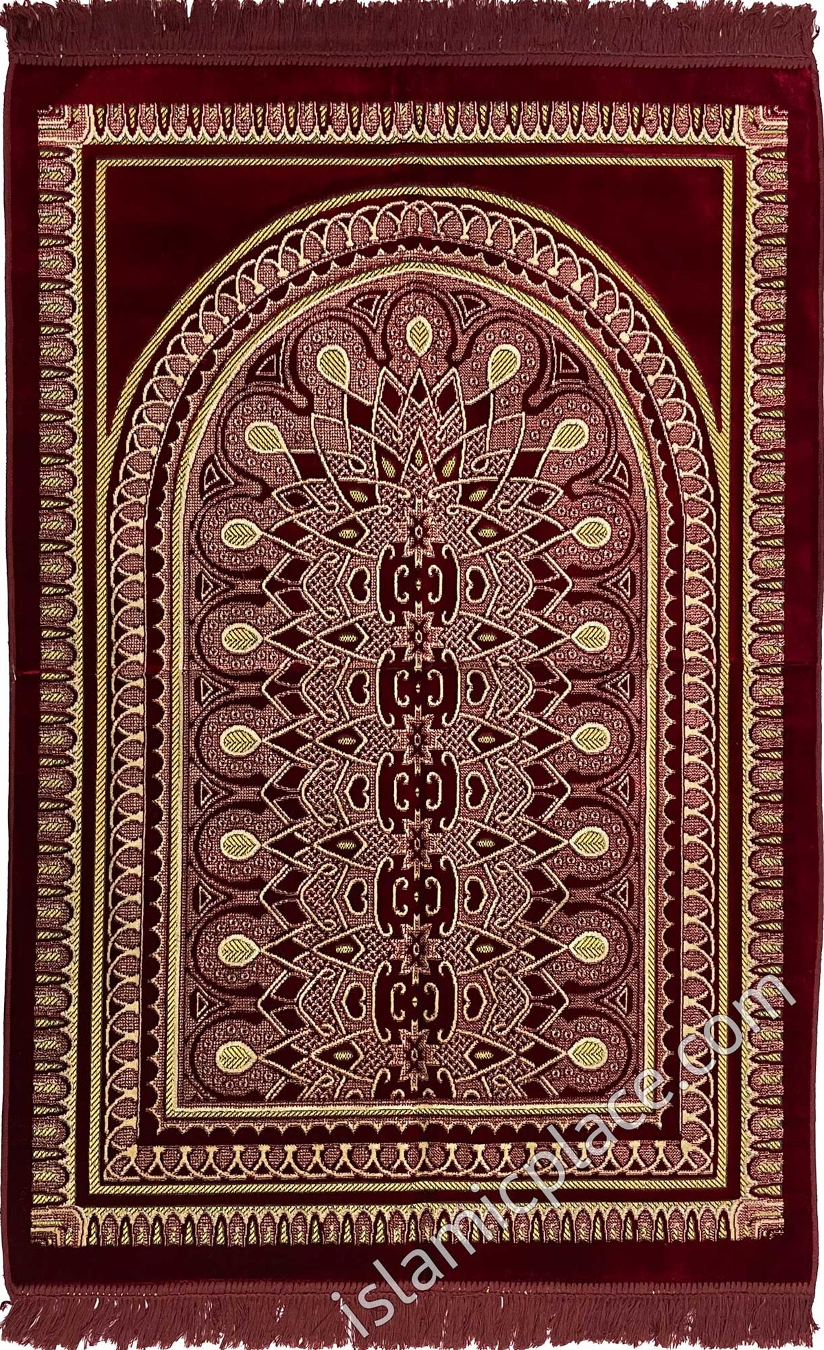 Burgundy and Gold Prayer Rug With Mesmerizing Mihrab (Big &amp; Tall size)