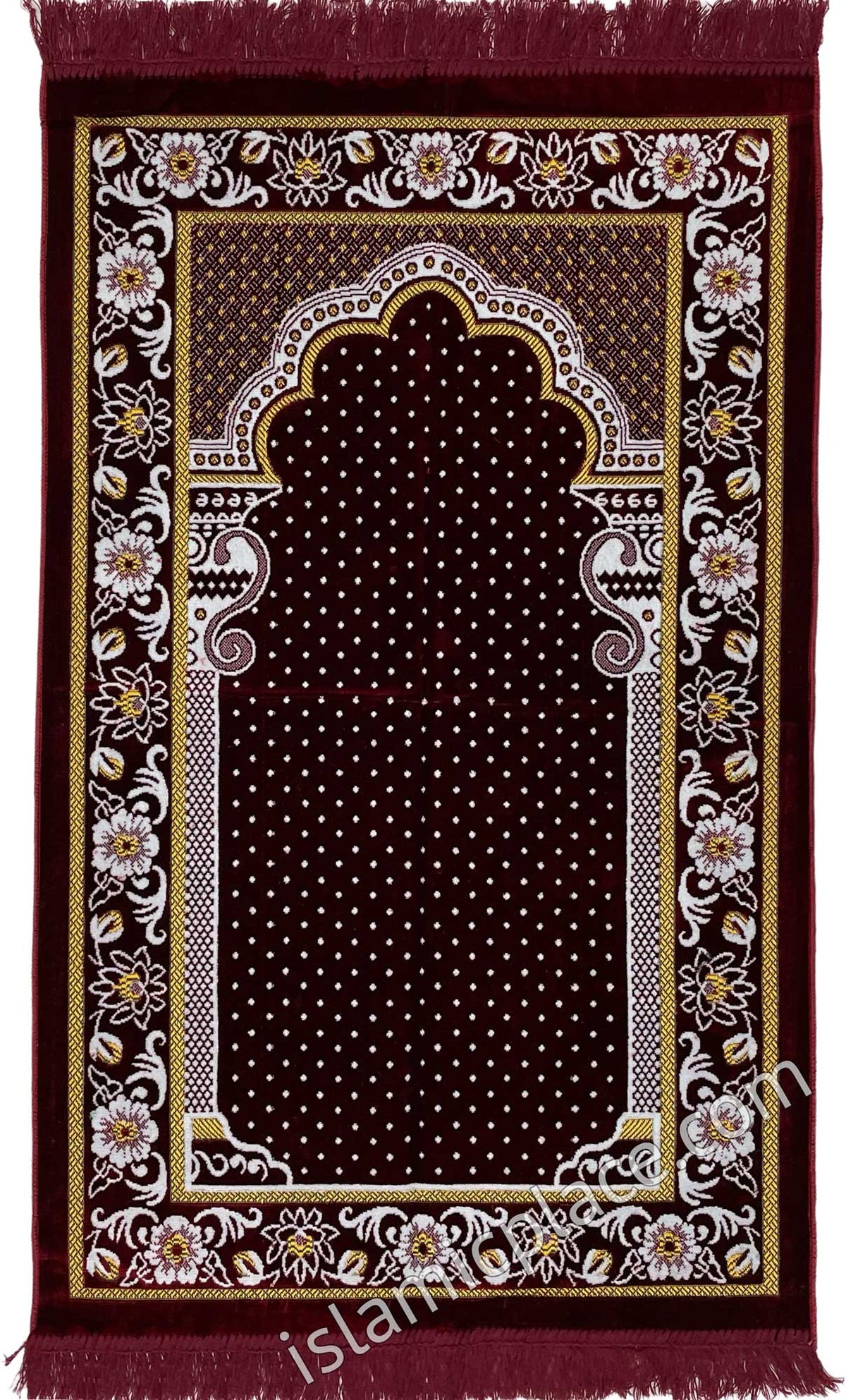 Burgundy Prayer Rug with Floral Vines Border Design