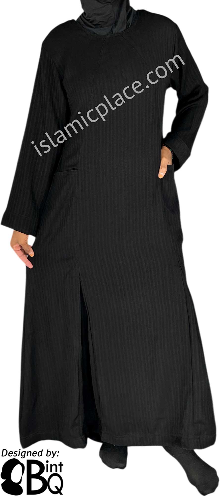 Black - Farah Urban Abaya with large front pockets and front and back pleats by BintQ - BQ180