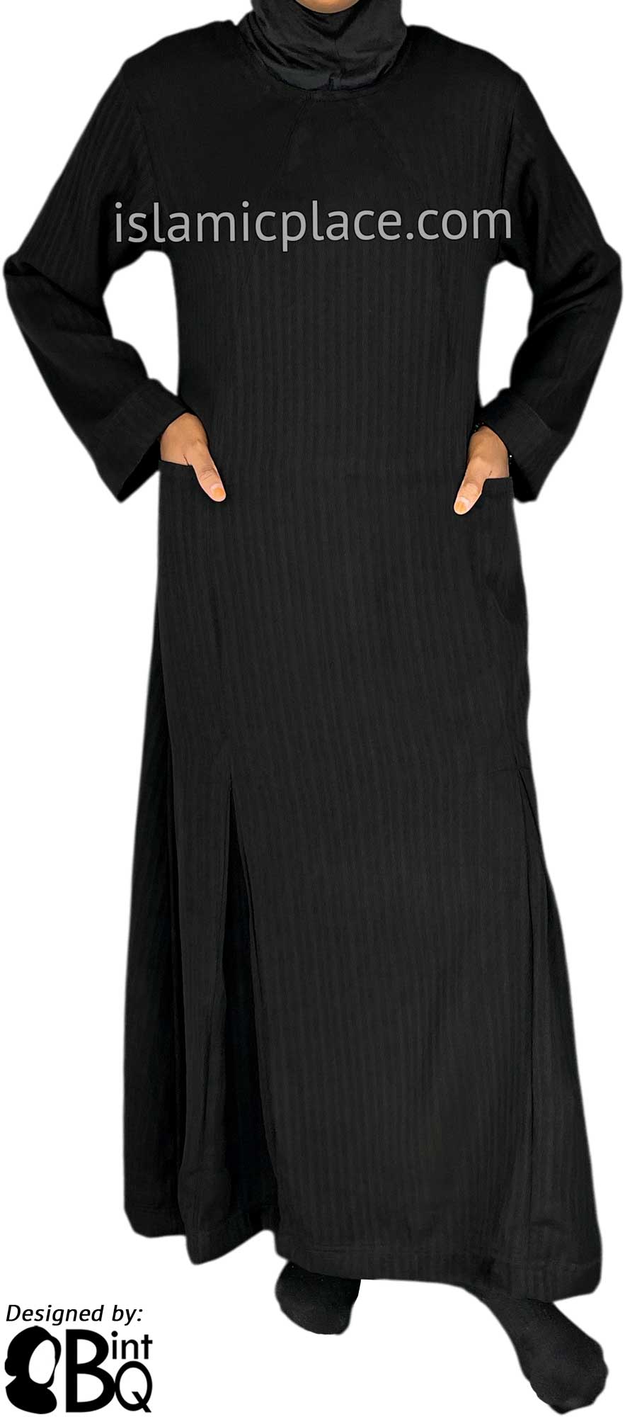 Black - Farah Urban Abaya with large front pockets and front and back pleats by BintQ - BQ180