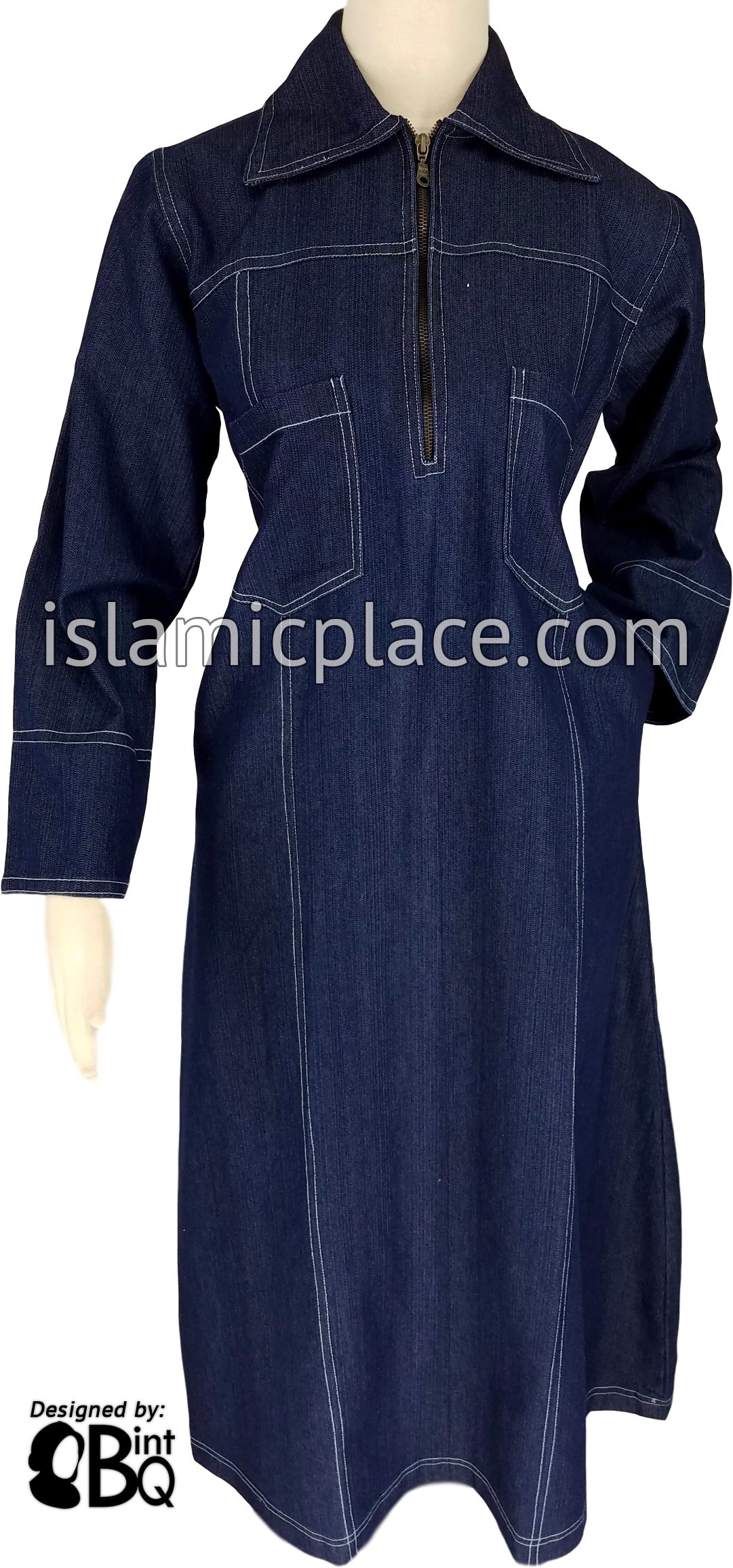 Blue Denim Abaya with Sky Blue Stitch Sidrah Style by BintQ - BQ192