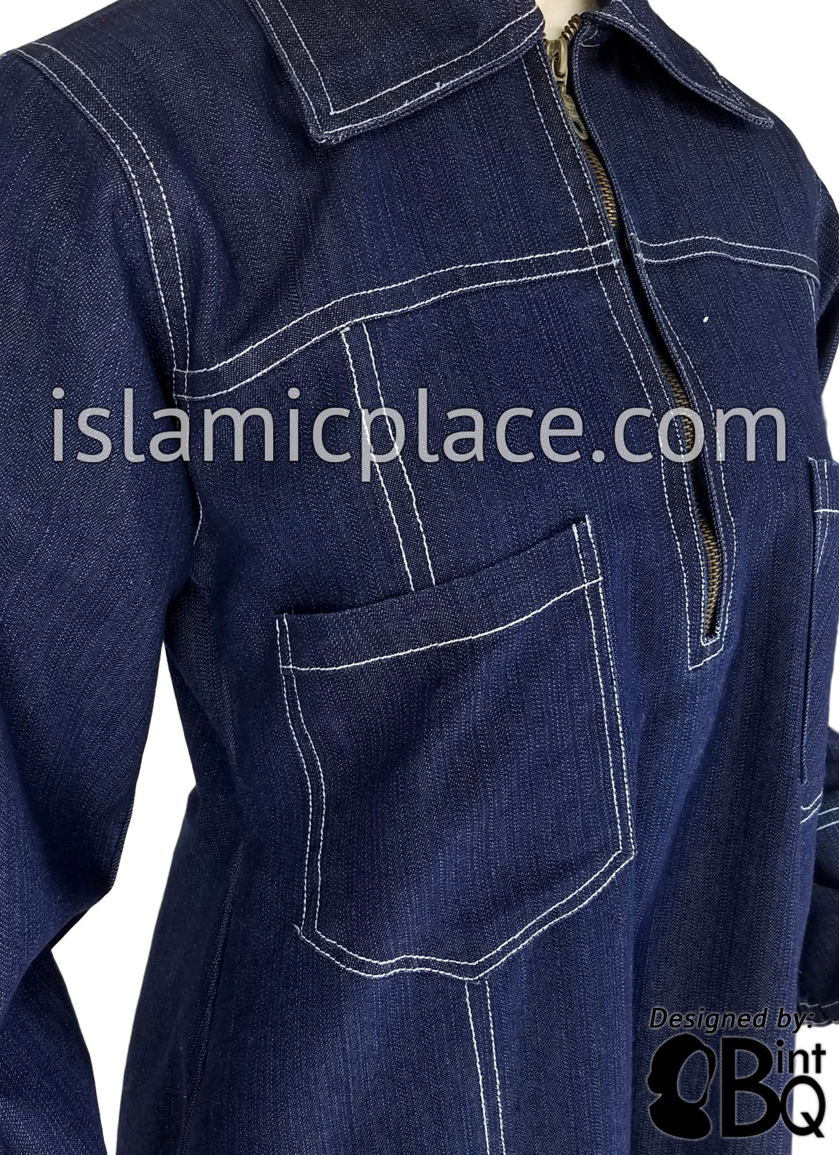 Blue Denim Abaya with Sky Blue Stitch Sidrah Style by BintQ - BQ192