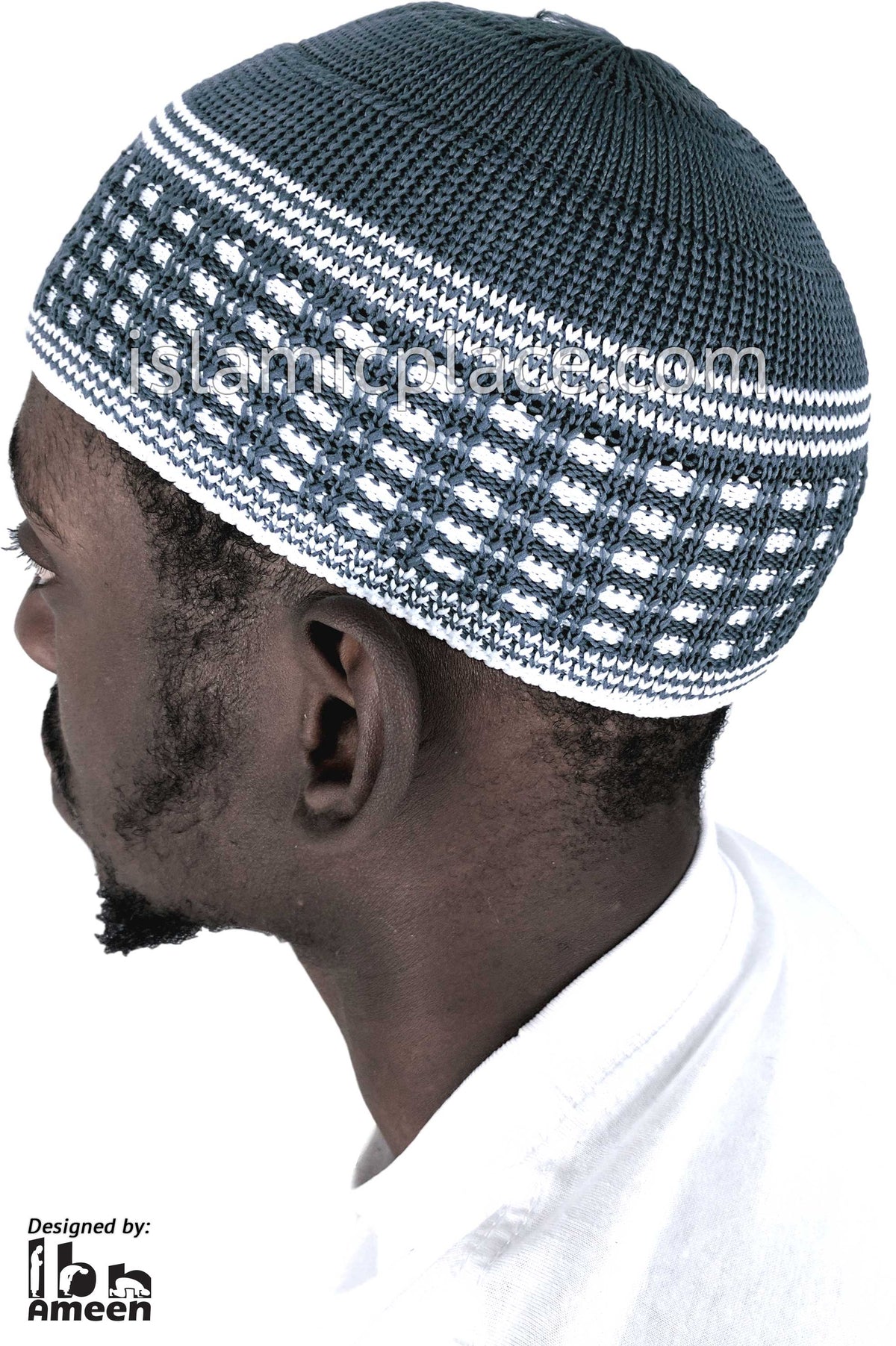 Denim Blue &amp; White - Elastic Knitted Ameen Designer Kufi