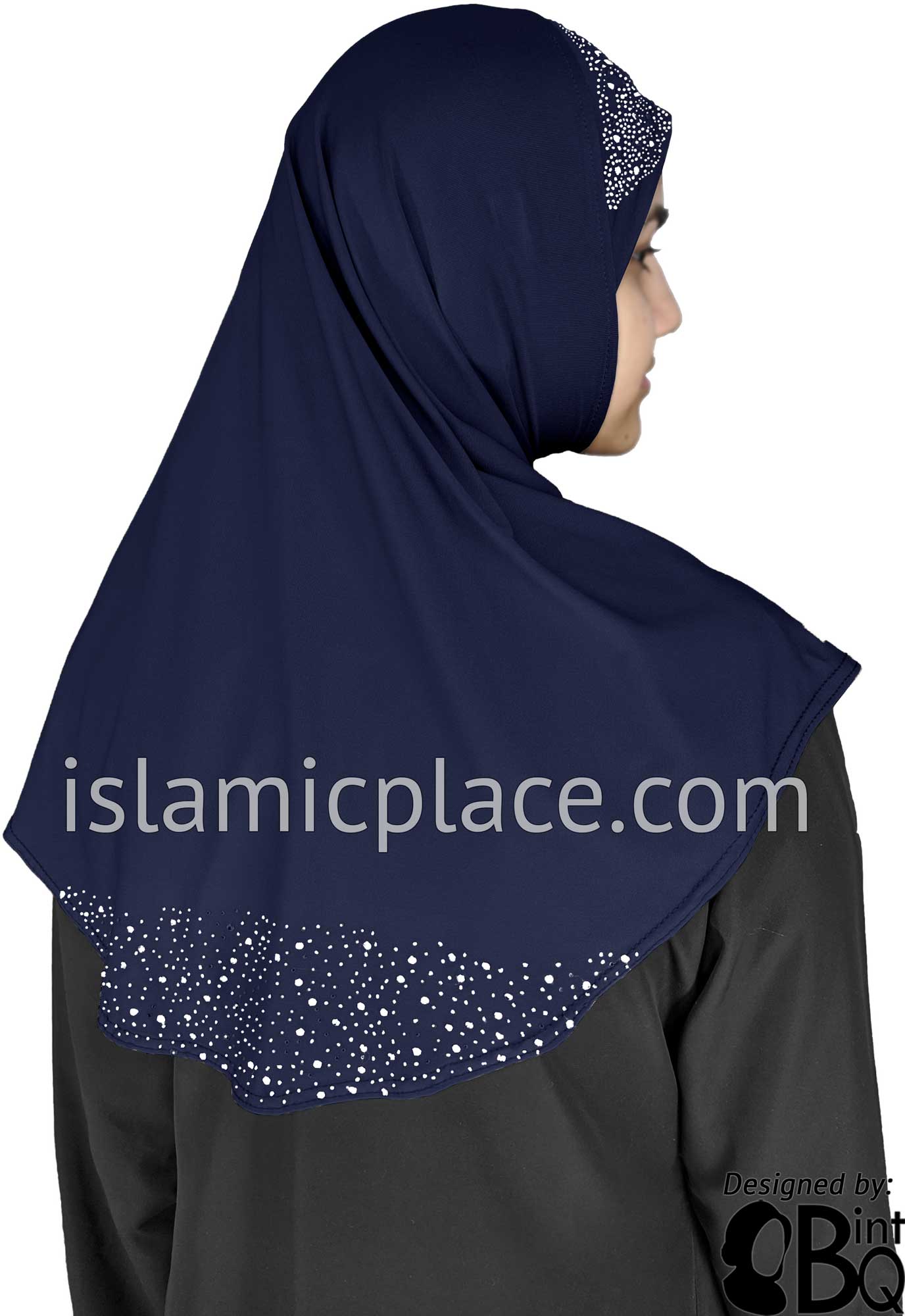 Navy Blue - Luxurious Lycra Hijab Al-Amira with Silver Rhinestones Teen to Adult (Large)