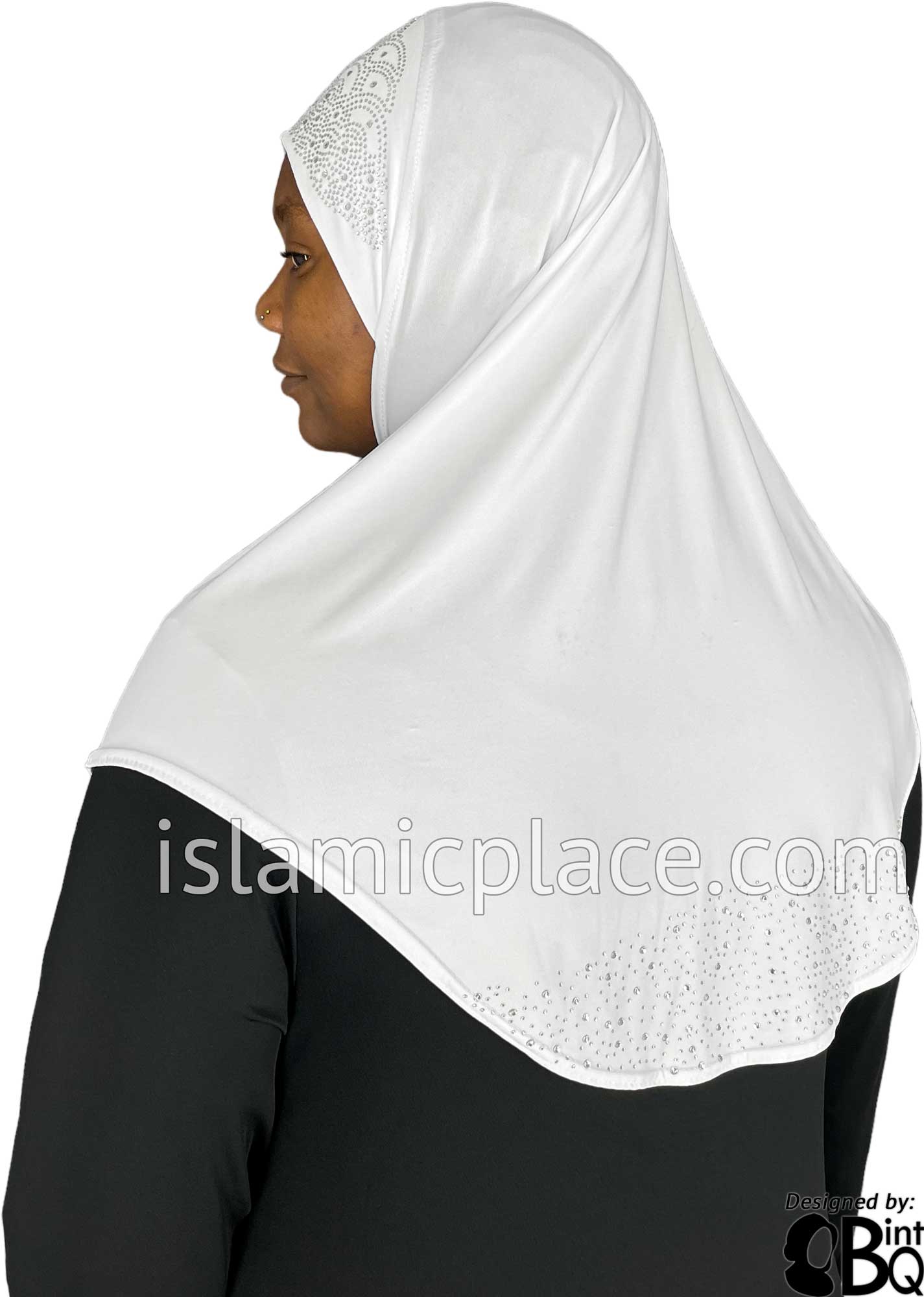 White - Luxurious Lycra Hijab Al-Amira with Silver Rhinestones Teen to Adult (Large)