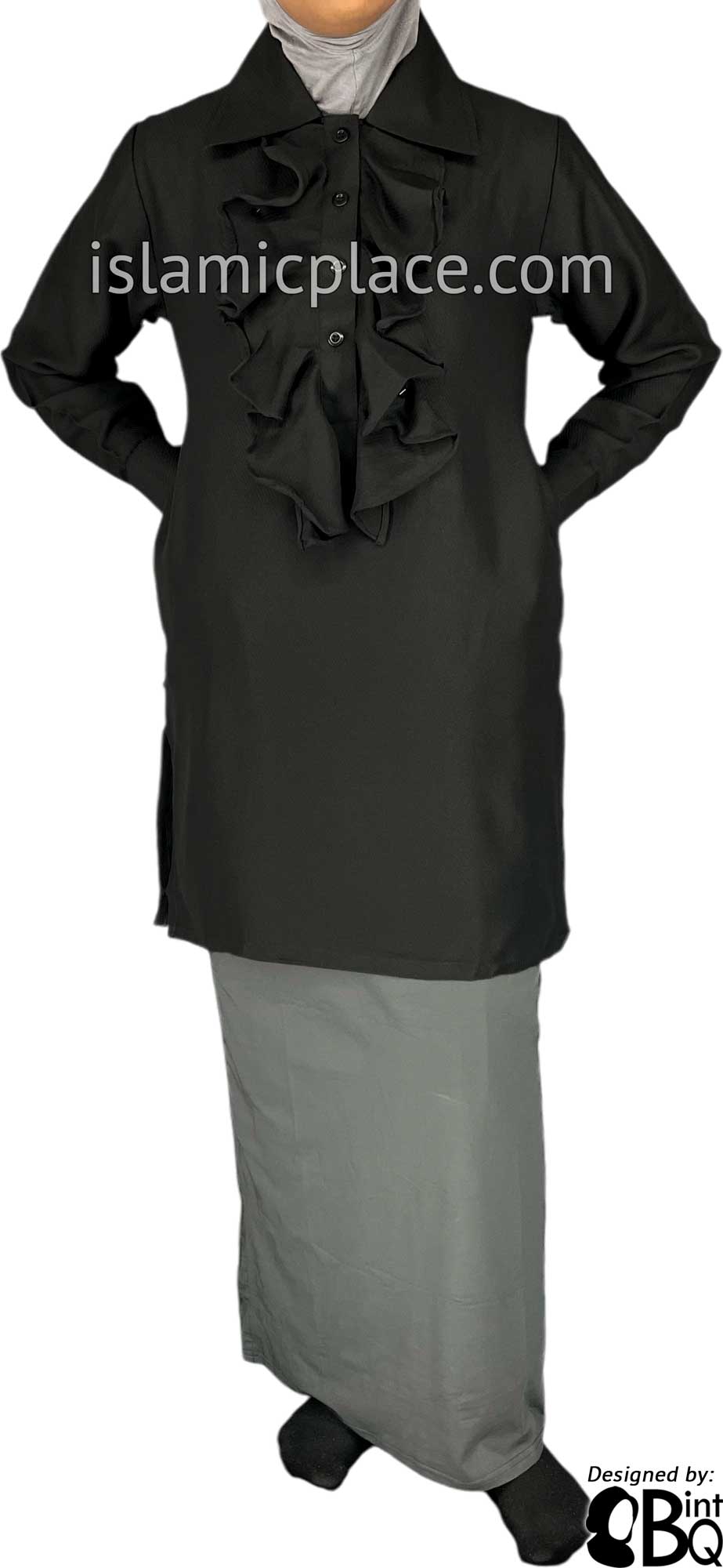 Black - Ruffle Front Stylish Kameez Top by BintQ - BQ76