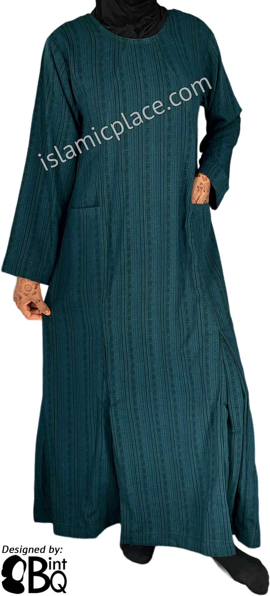 Dark Teal - Farah Urban Abaya with large front pockets and front and back pleats by BintQ - BQ180