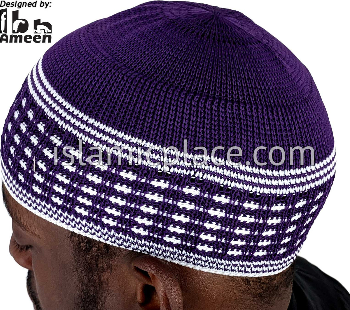 Purple &amp; White - Elastic Knitted Ameen Designer Kufi