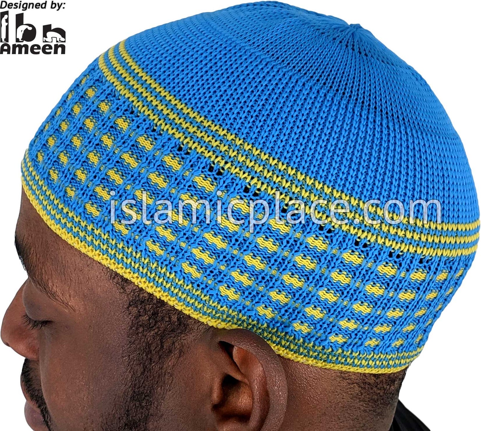 Light Blue & Gold - Elastic Knitted Ameen Designer Kufi