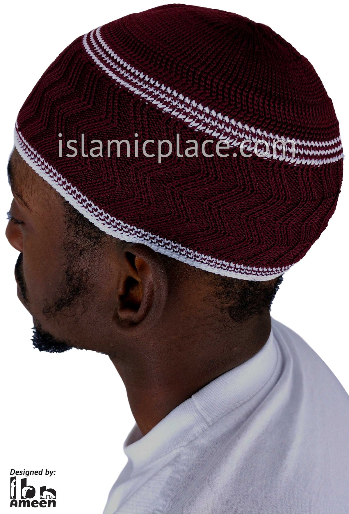 Burgundy &amp; White - Elastic Knitted Ghani Designer Kufi