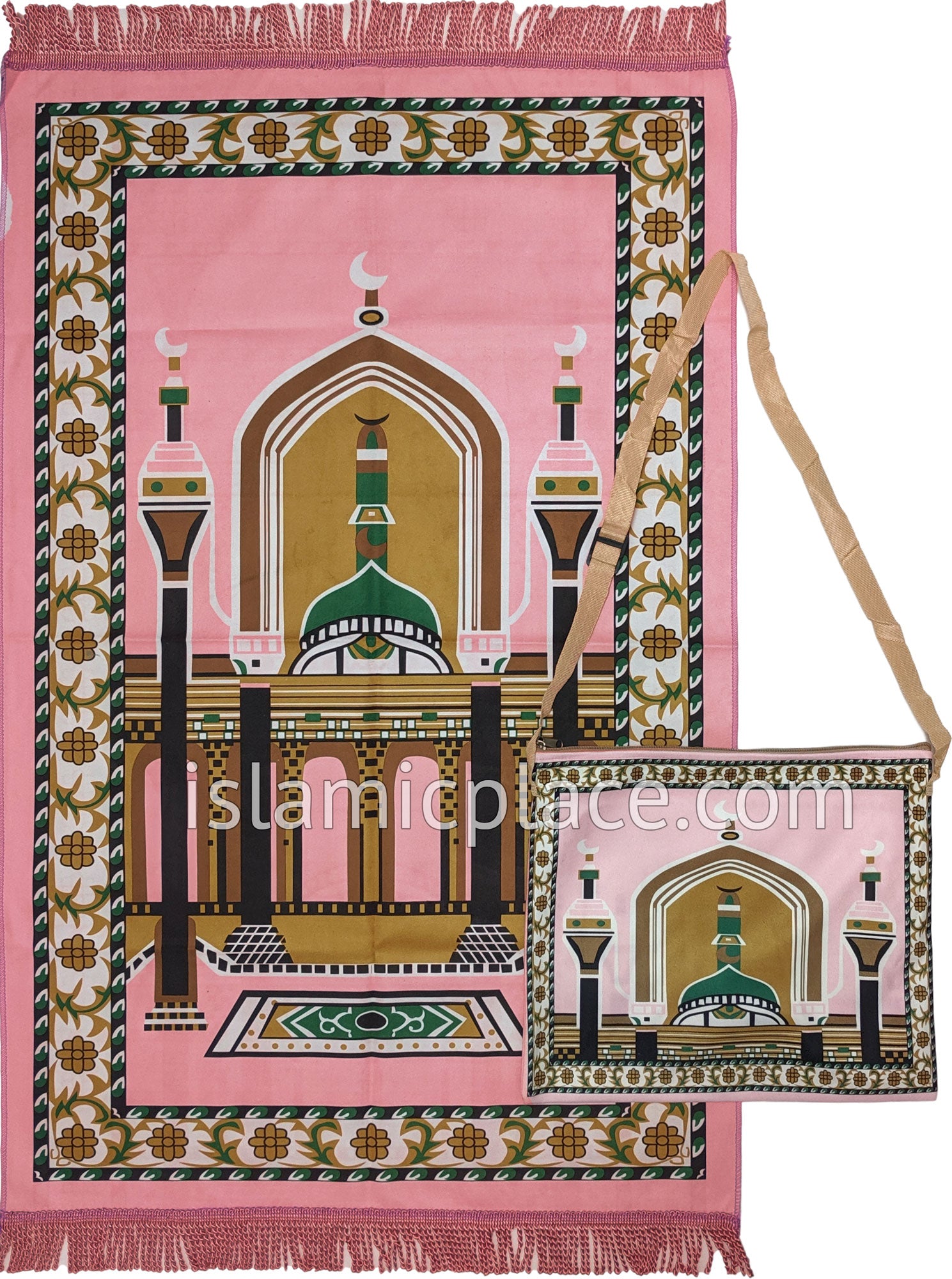 Pink - Contemporary Masjid Design Prayer Rug with Matching Zipper Carrying Bag