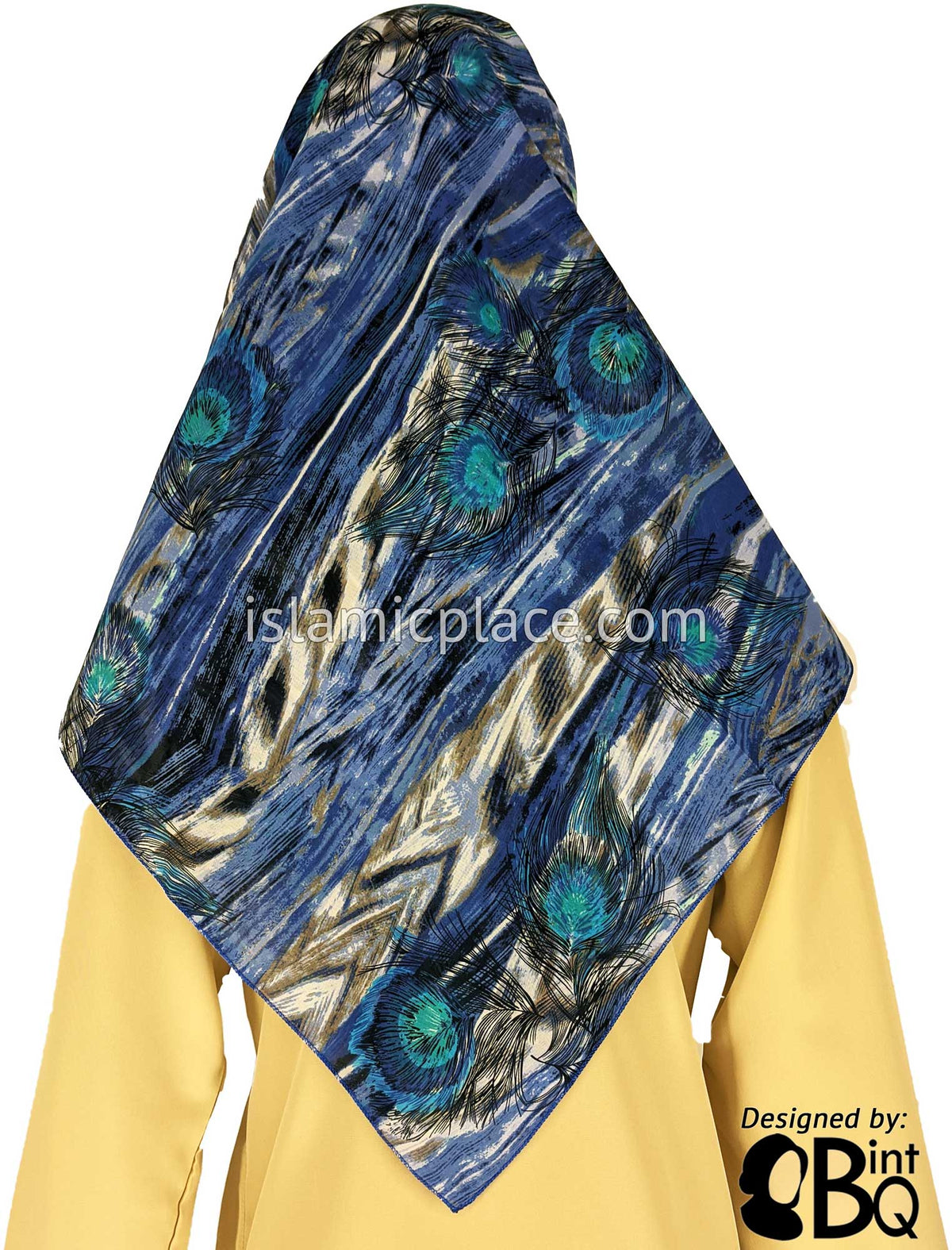 Blue and Turquoise Peacock Feathers in the Wind - 45&quot; Square Printed Khimar