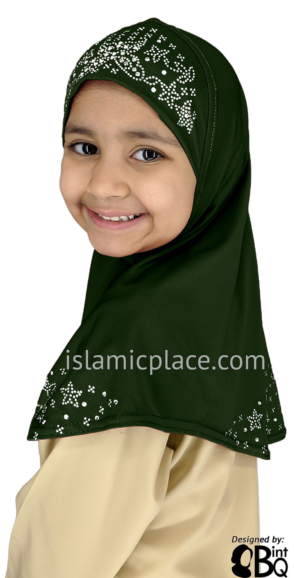 Dark Olive - Luxurious Lycra Hijab Al-Amira with Silver Rhinestones - Girl size (1-piece)