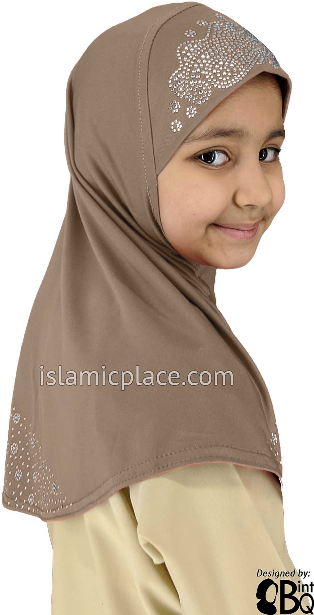 Oyster - Luxurious Lycra Hijab Al-Amira with Silver Rhinestones - Girl size (1-piece)