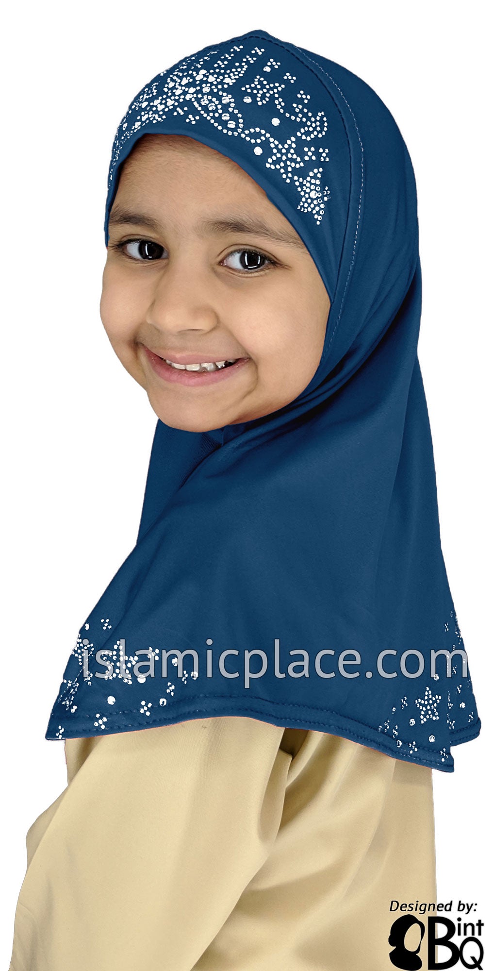 Denim Blue - Luxurious Lycra Hijab Al-Amira with Silver Rhinestones - Girl size (1-piece)