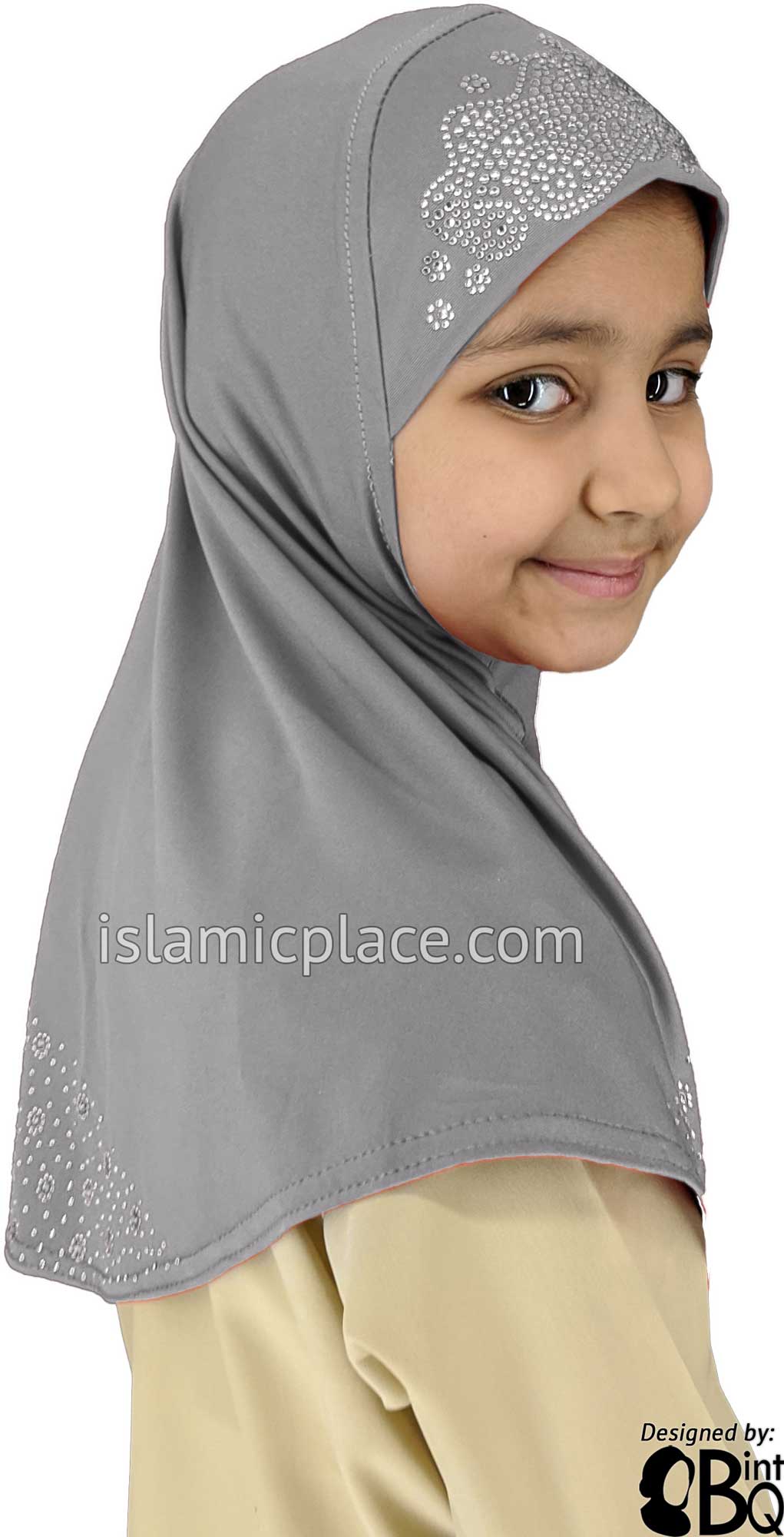 Slate Gray - Luxurious Lycra Hijab Al-Amira with Silver Rhinestones - Girl size (1-piece)