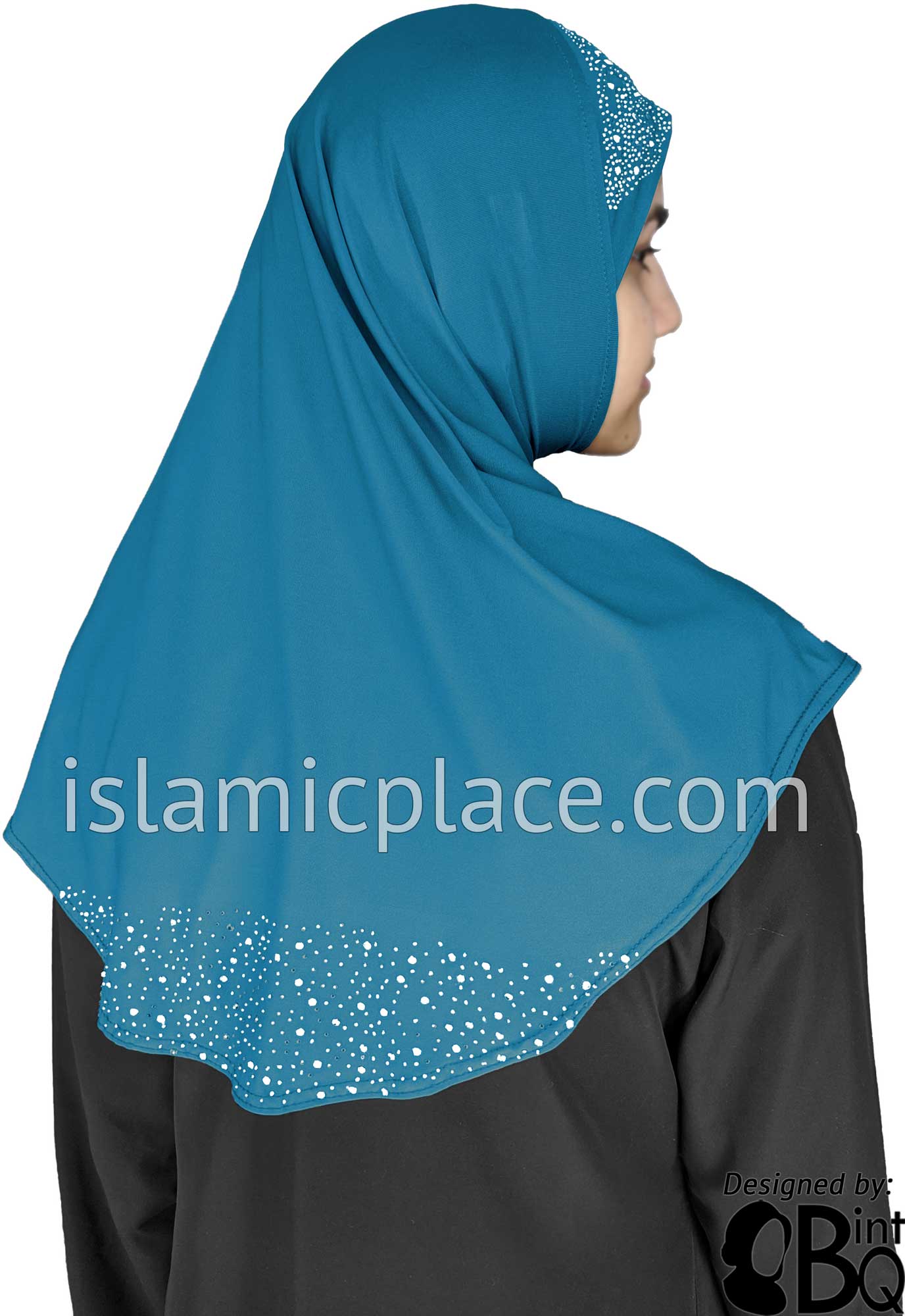 Teal - Luxurious Lycra Hijab Al-Amira with Silver Rhinestones Teen to Adult (Large)