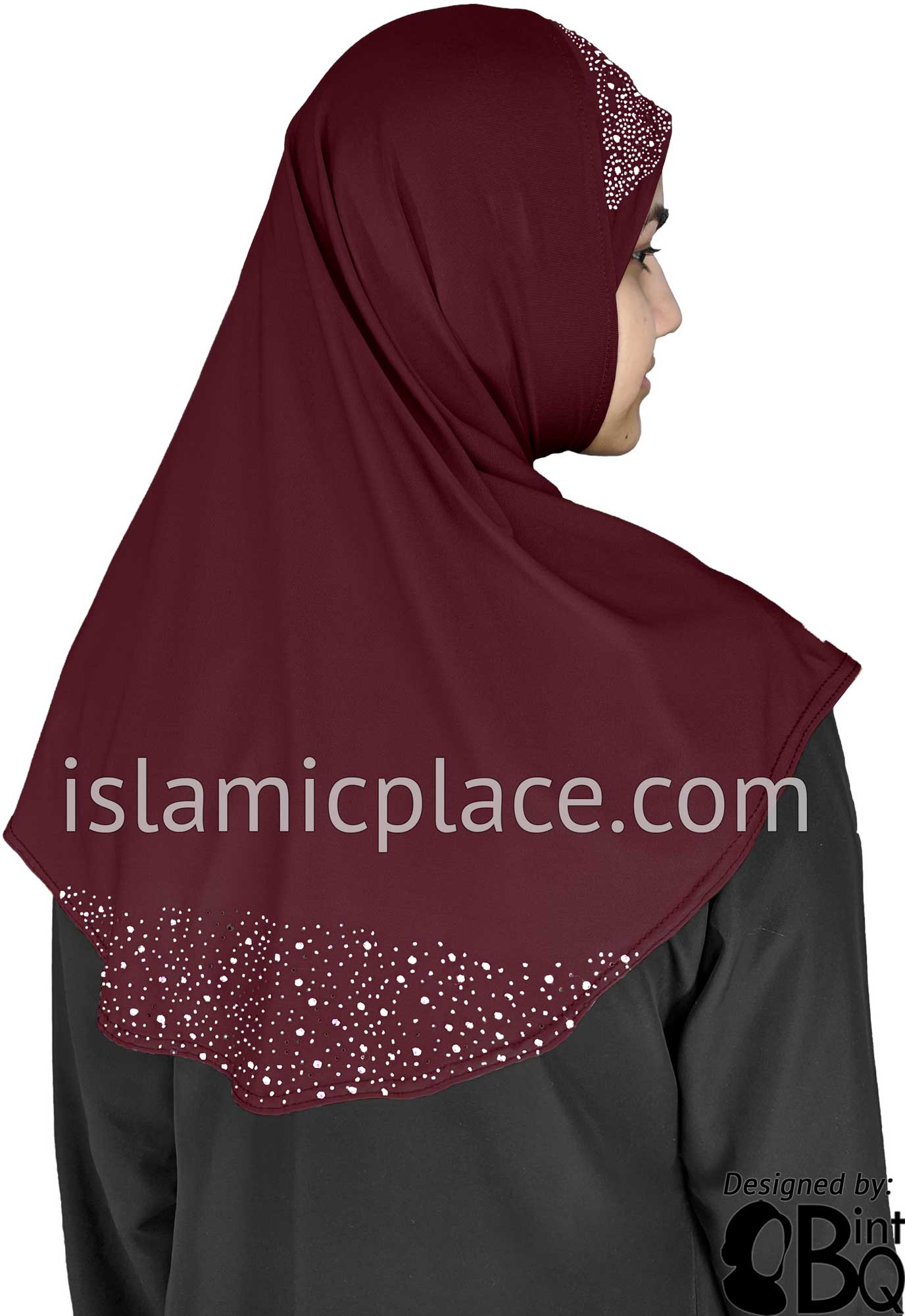 Burgundy - Luxurious Lycra Hijab Al-Amira with Silver Rhinestones Teen to Adult (Large)