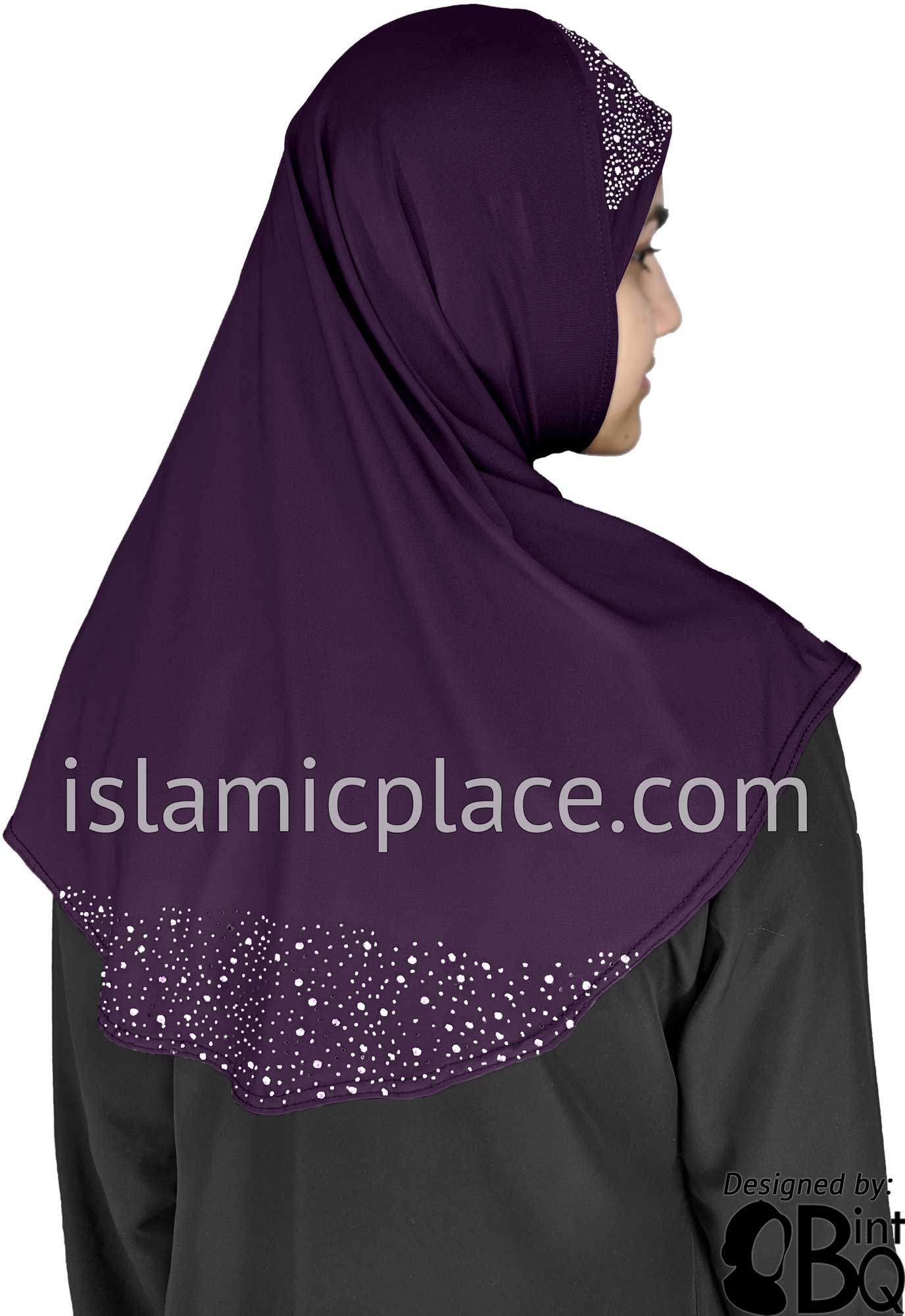 Plum - Luxurious Lycra Hijab Al-Amira with Silver Rhinestones Teen to Adult (Large)