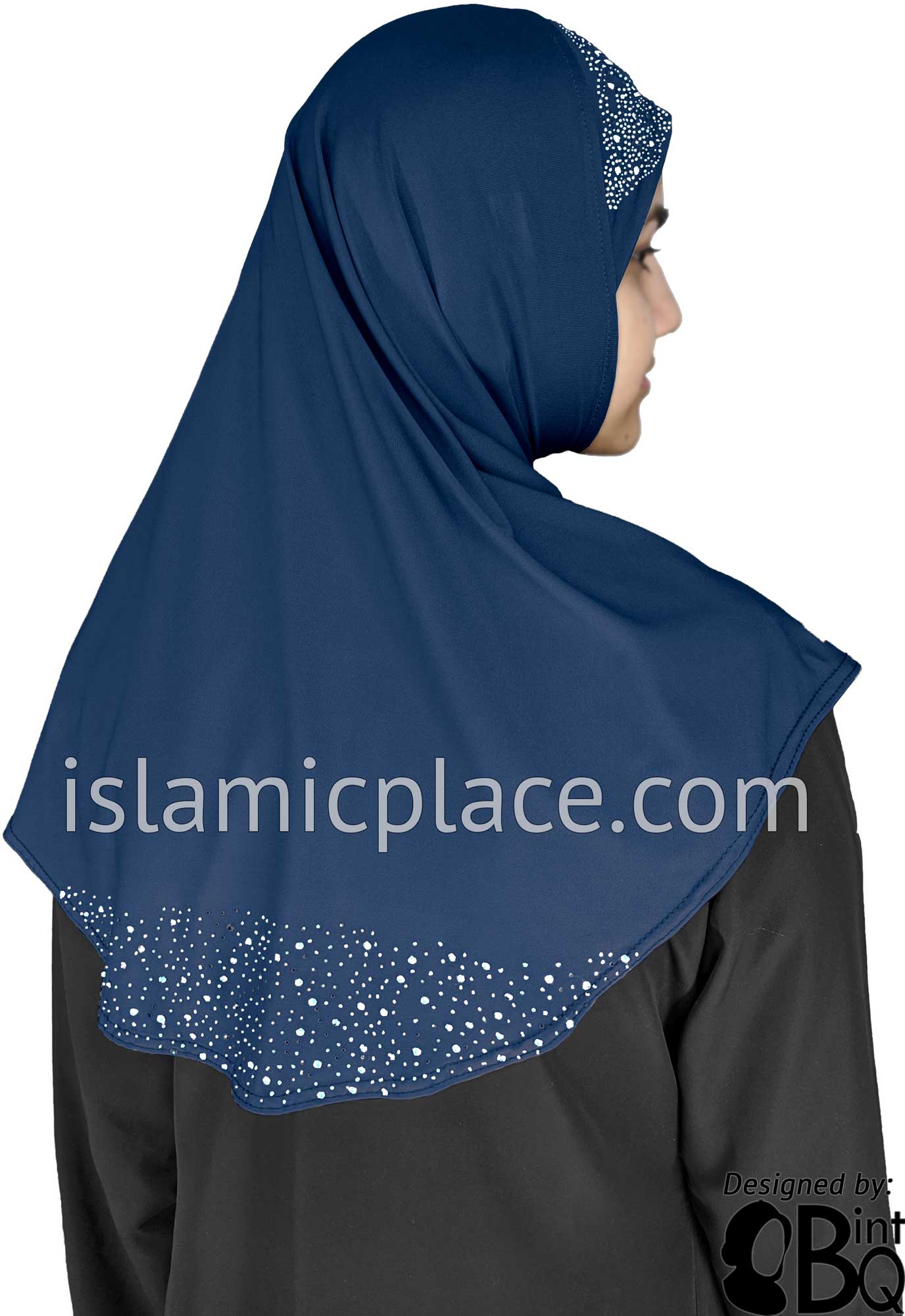 Denim Blue - Luxurious Lycra Hijab Al-Amira with Silver Rhinestones Teen to Adult (Large)