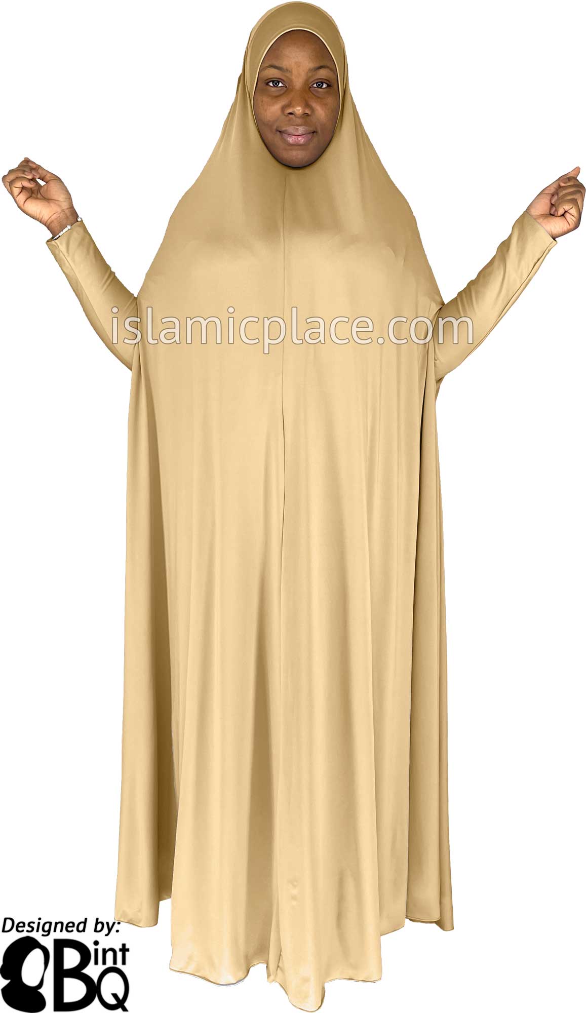 Beige - Plain Overhead Abaya with Cuffs