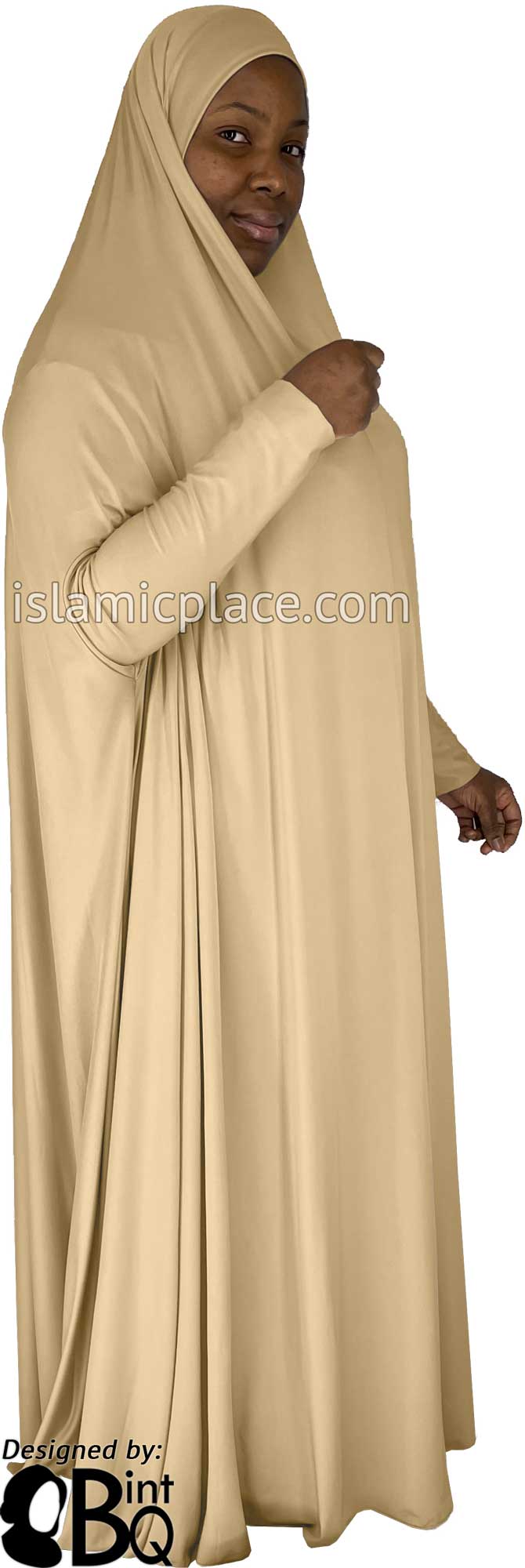 Beige - Plain Overhead Abaya with Cuffs