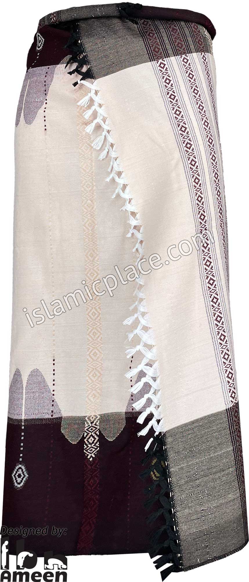 Warm Ivory and Burgundy - Wahaab Design Men Yemeni Lungi Izzar