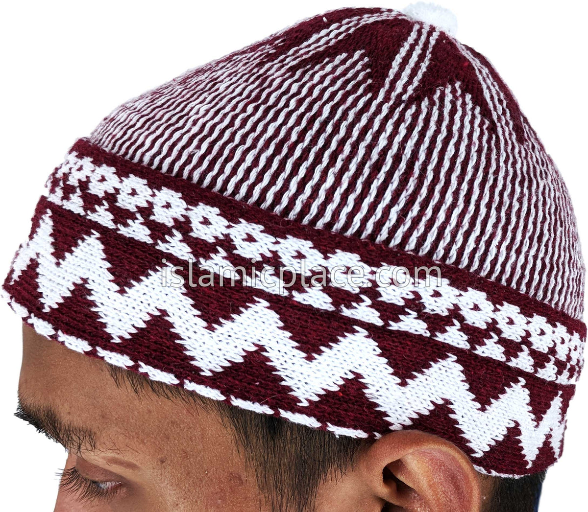 Burgundy &amp; White - Warm Knitted Talib Zigzag Style Kufi