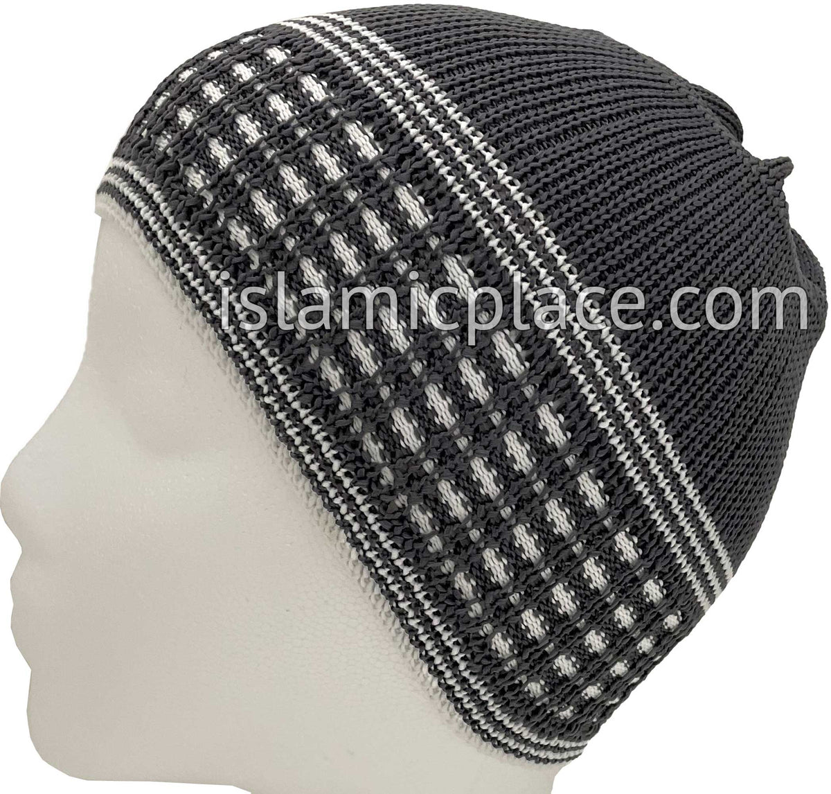 Charcoal Gray &amp; White - Elastic Knitted Ameen Designer Kufi