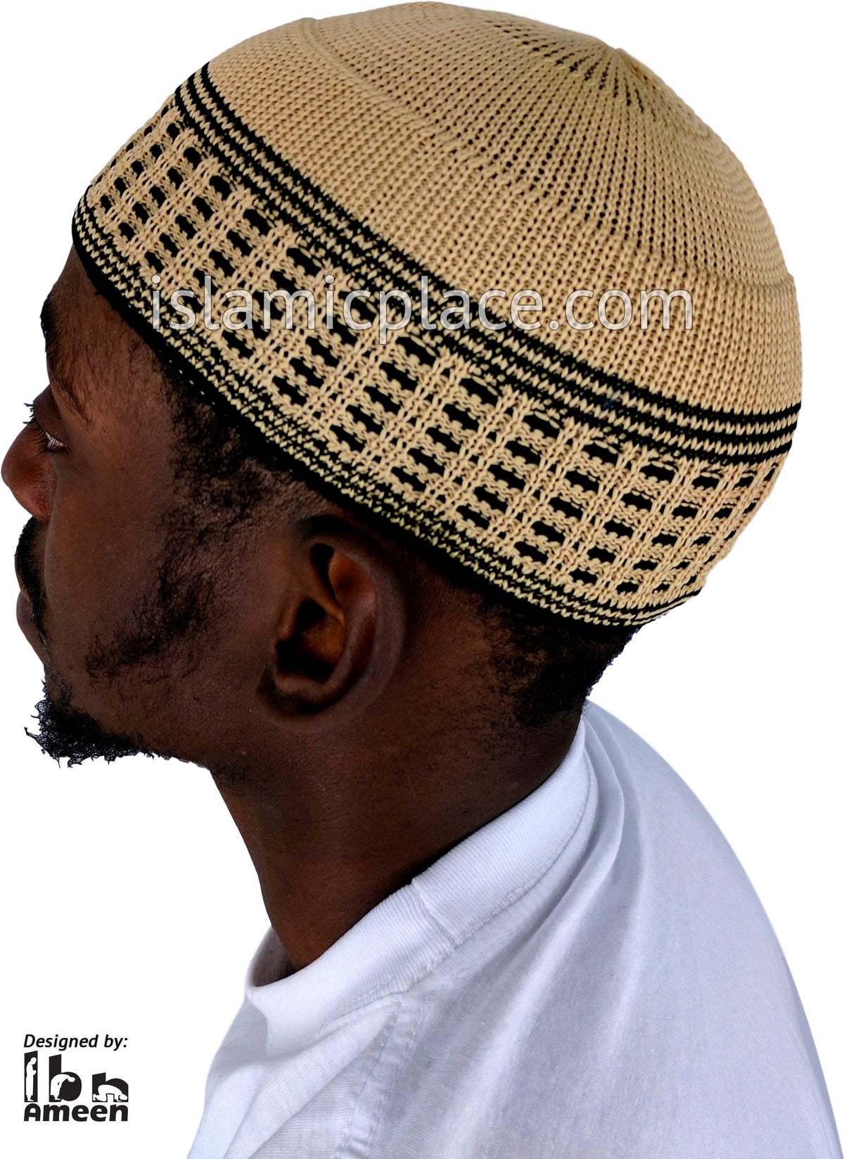 Khaki &amp; Black - Elastic Knitted Ameen Designer Kufi