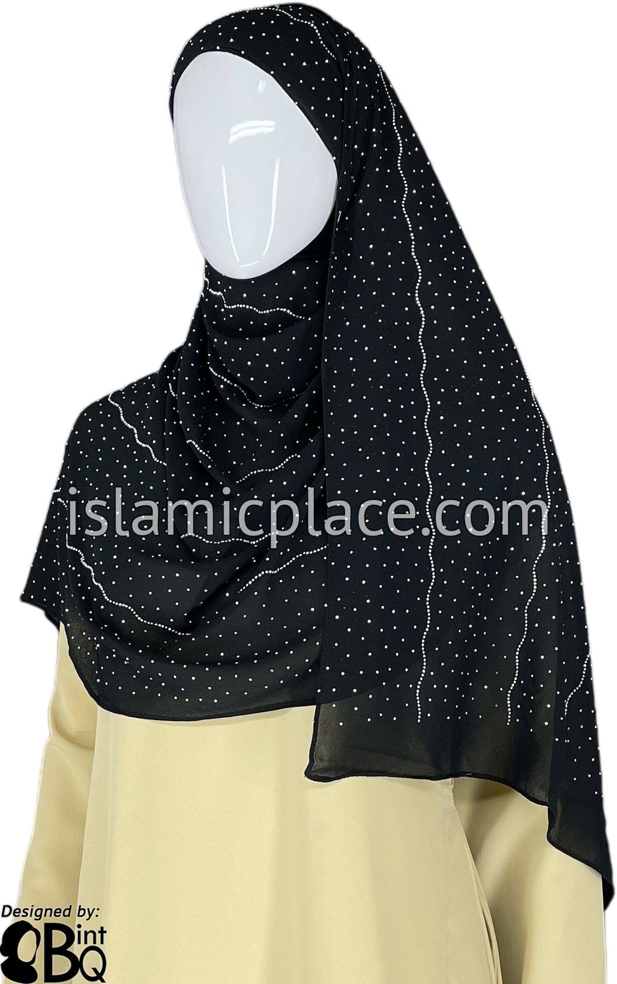 Black with Silver Stones in Design 142 - Georgette Chiffon Shayla Long Rectangle Hijab 30&quot;x70&quot;