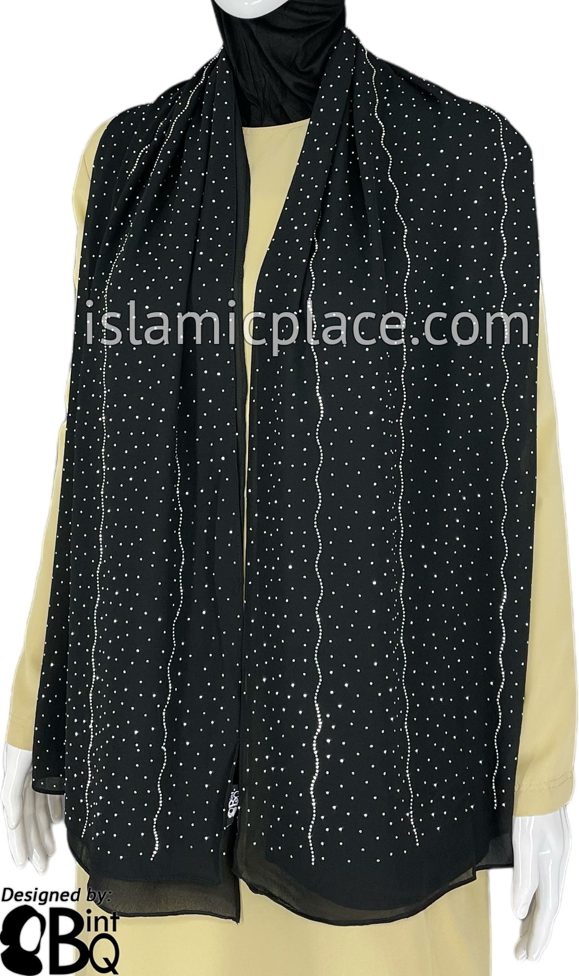 Black with Silver Stones in Design 142 - Georgette Chiffon Shayla Long Rectangle Hijab 30"x70"