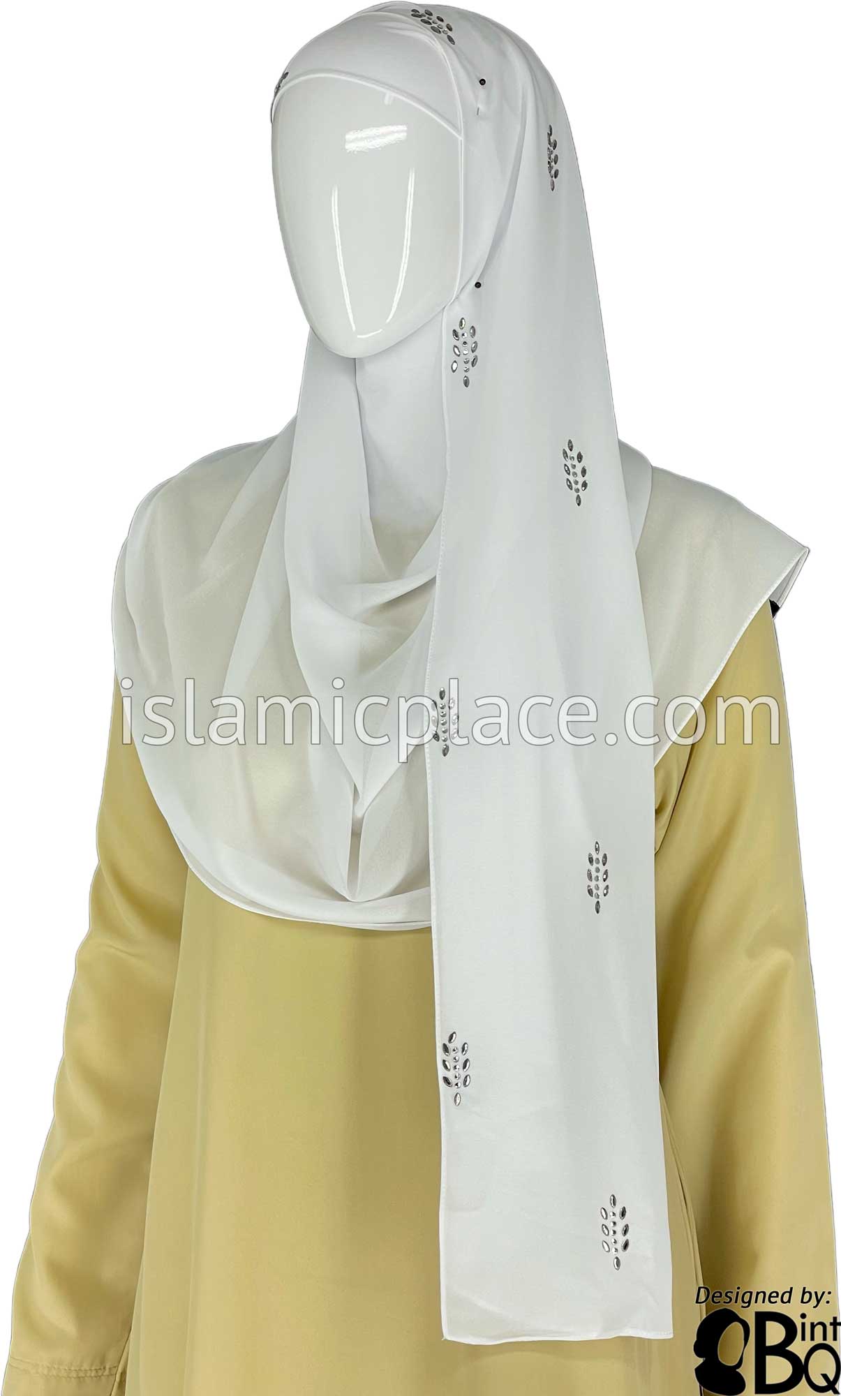 White with Silver and Gray Stones in Design 51 - Georgette Chiffon Shayla Long Rectangle Hijab 30"x70"