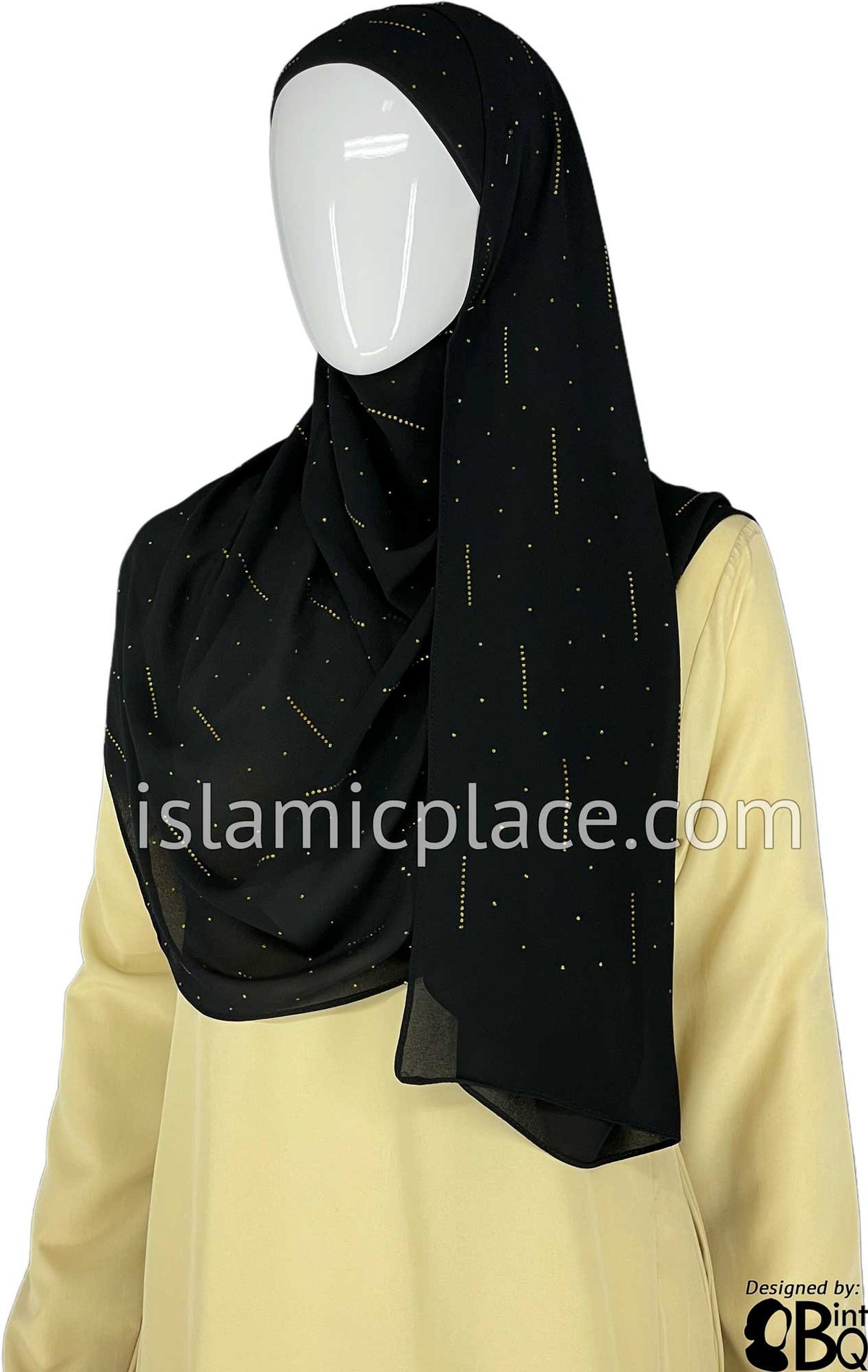 Black with Golden Stones in Design 95 - Georgette Chiffon Shayla Long Rectangle Hijab 30&quot;x70&quot;