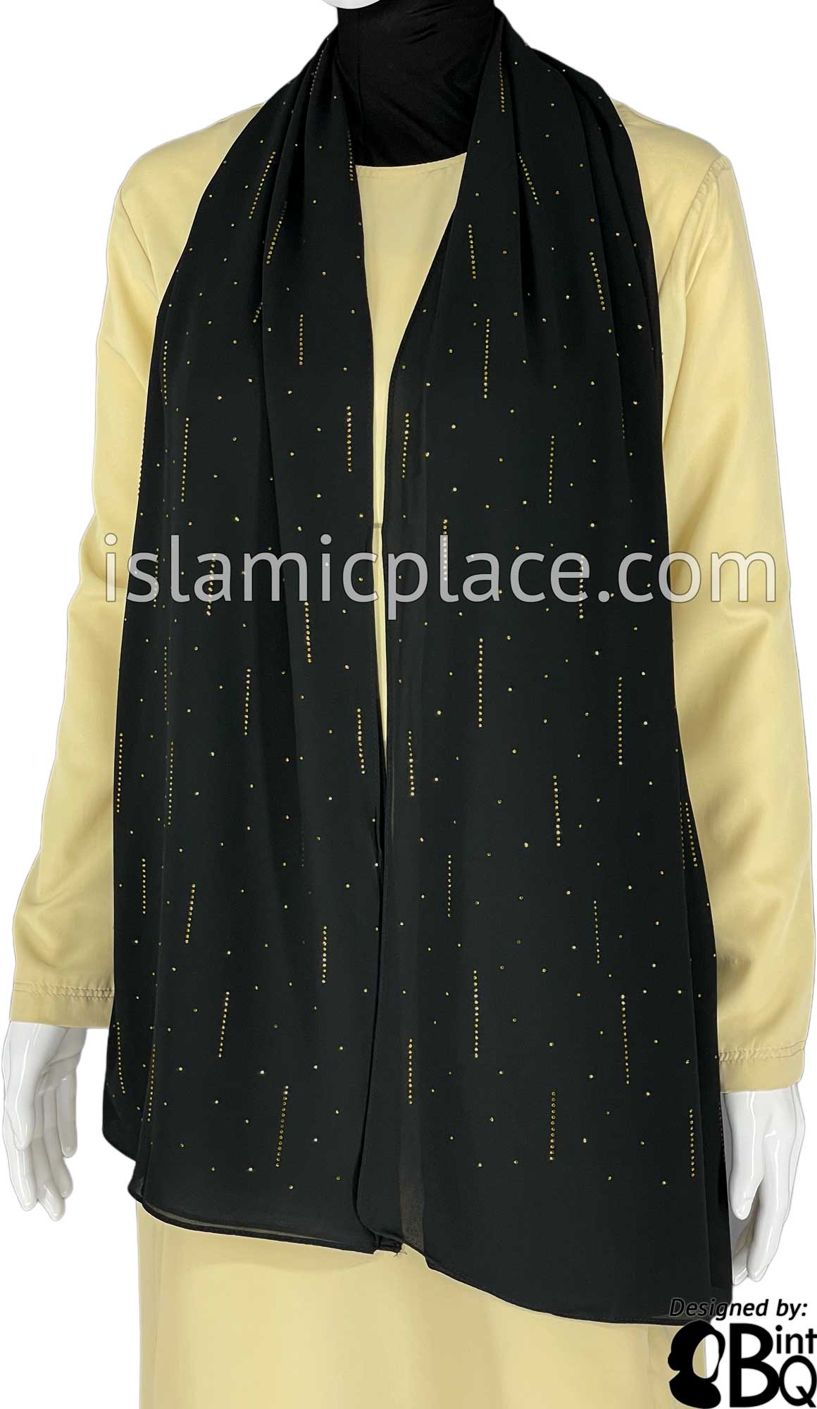 Black with Golden Stones in Design 95 - Georgette Chiffon Shayla Long Rectangle Hijab 30"x70"