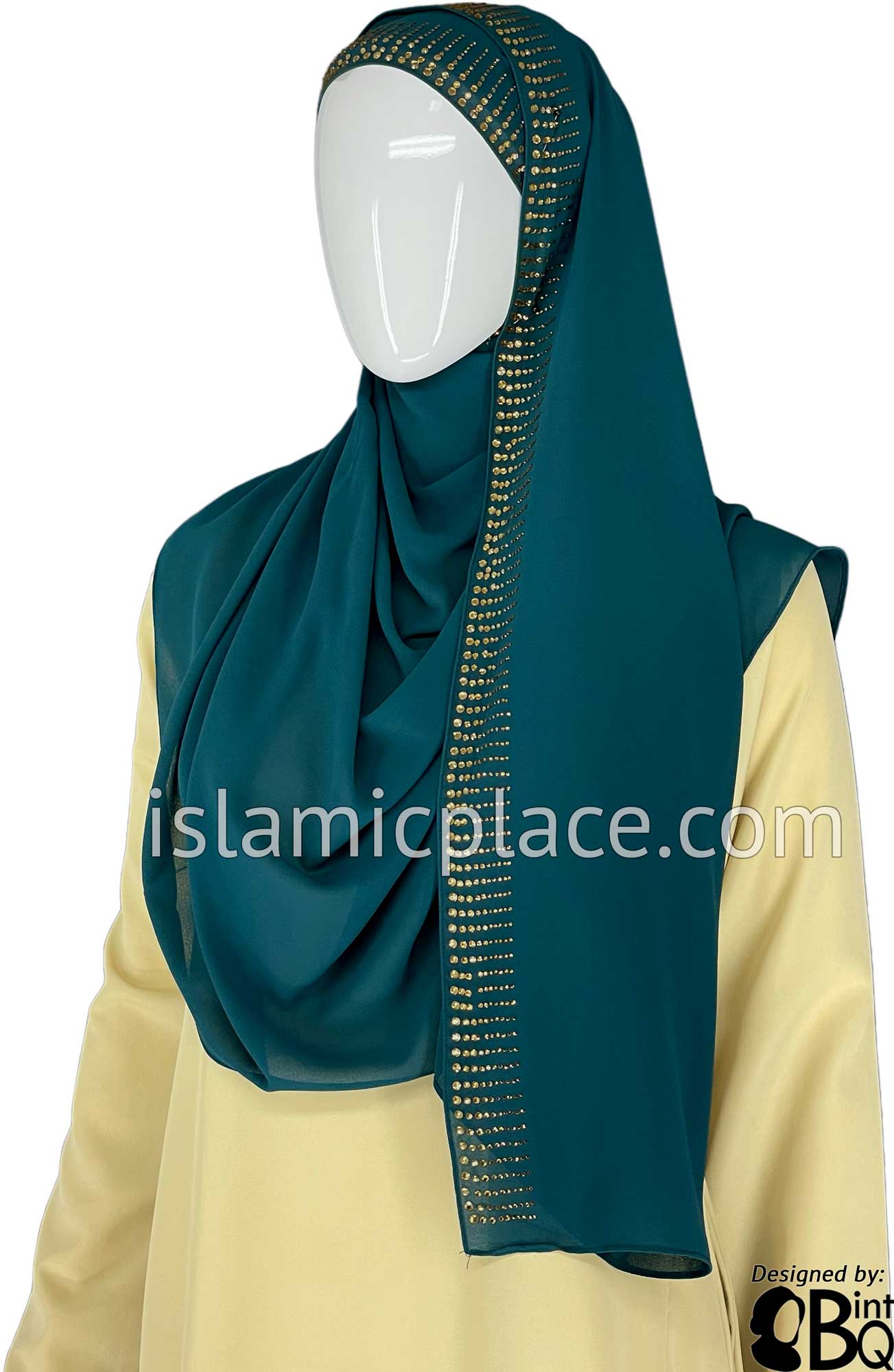 Teal with Golden Stones in Design 202 - Georgette Chiffon Shayla Long Rectangle Hijab 30"x70"