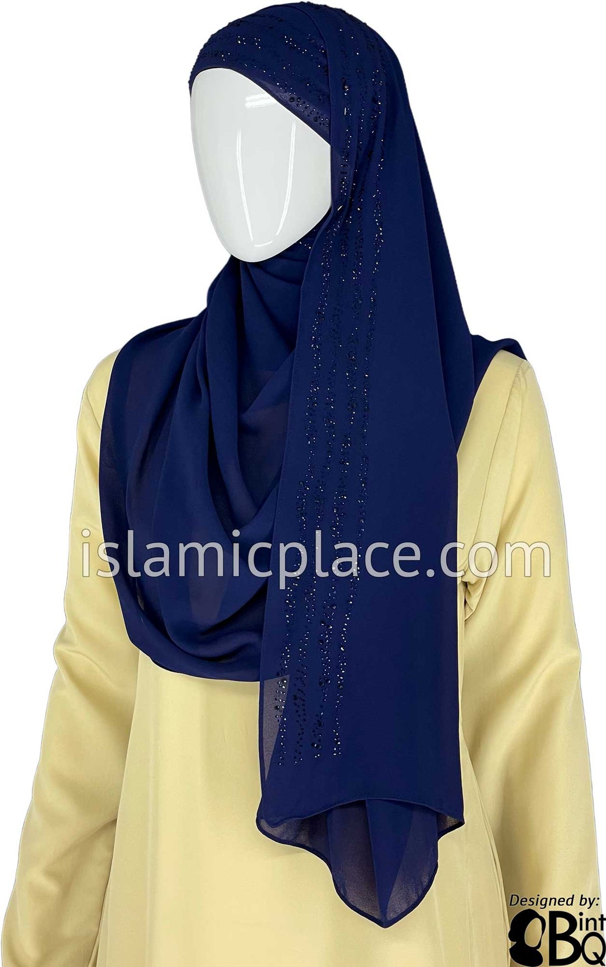 Navy with Navy Stones in Design 28 - Georgette Chiffon Shayla Long Rectangle Hijab 30&quot;x70&quot;