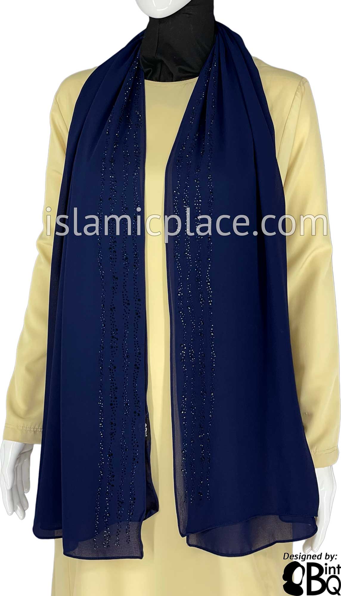 Navy with Navy Stones in Design 28 - Georgette Chiffon Shayla Long Rectangle Hijab 30"x70"