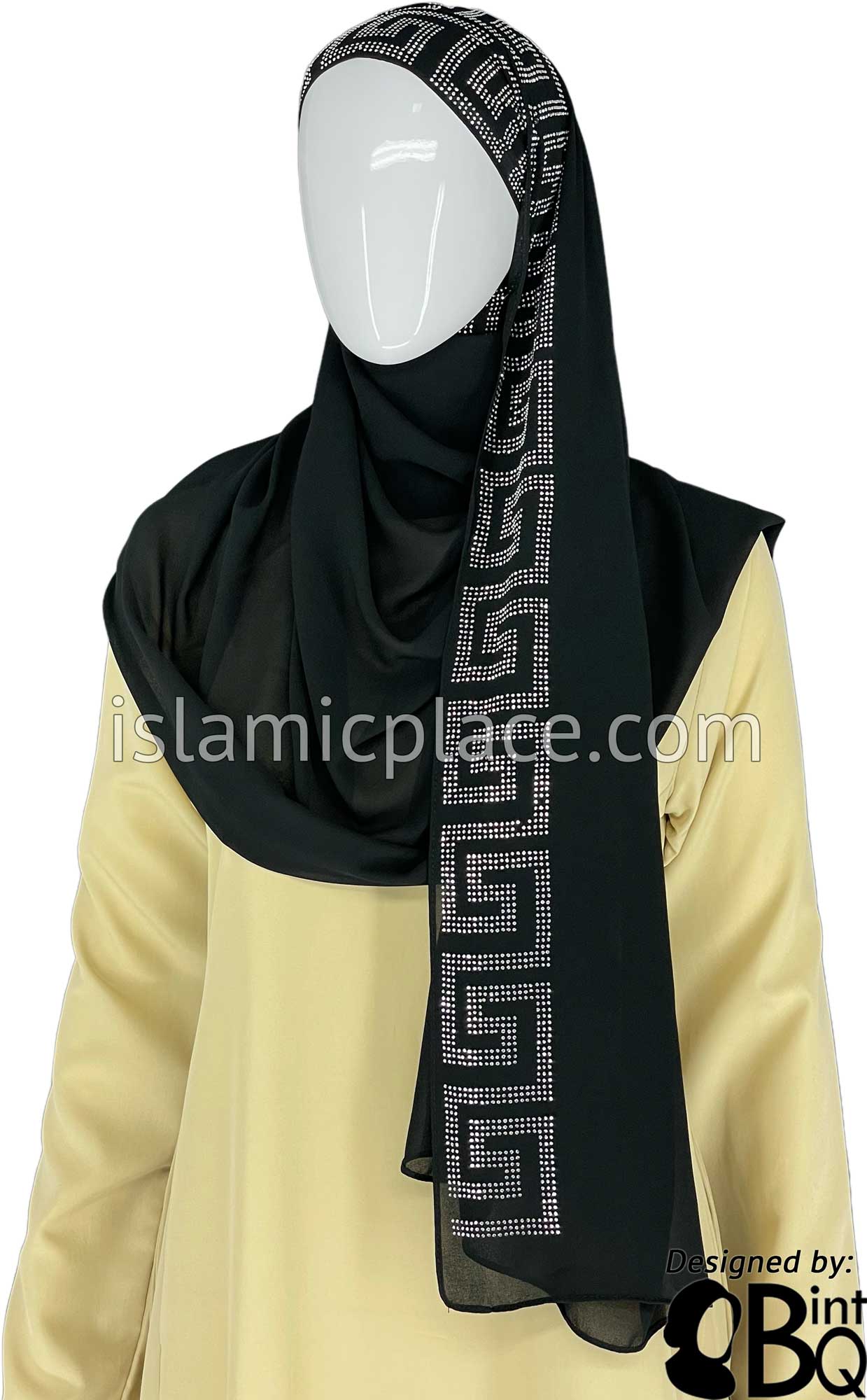 Black with Silver Stones in Design 86 - Georgette Chiffon Shayla Long Rectangle Hijab 30"x70"