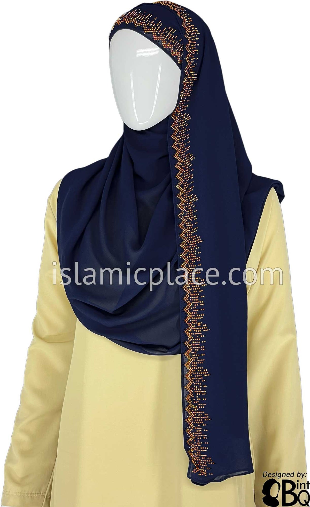 Navy with Golden Stones in Design 112 - Georgette Chiffon Shayla Long Rectangle Hijab 30&quot;x70&quot;