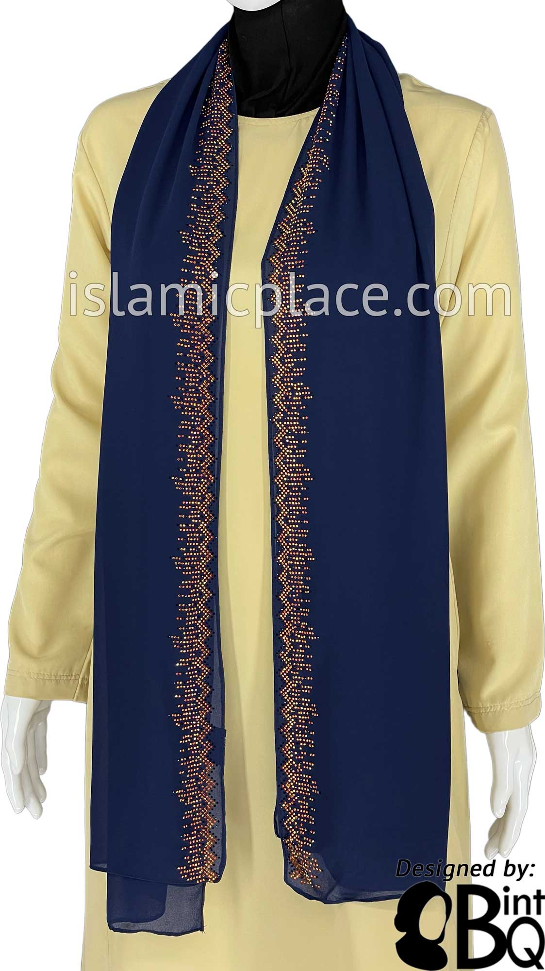 Navy with Golden Stones in Design 112 - Georgette Chiffon Shayla Long Rectangle Hijab 30"x70"