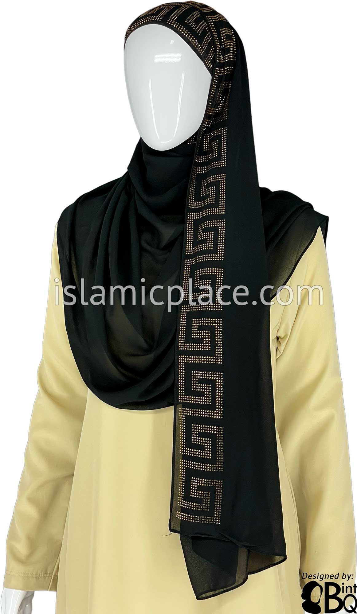 Black with Golden Stones in Design 86 - Georgette Chiffon Shayla Long Rectangle Hijab 30&quot;x70&quot;