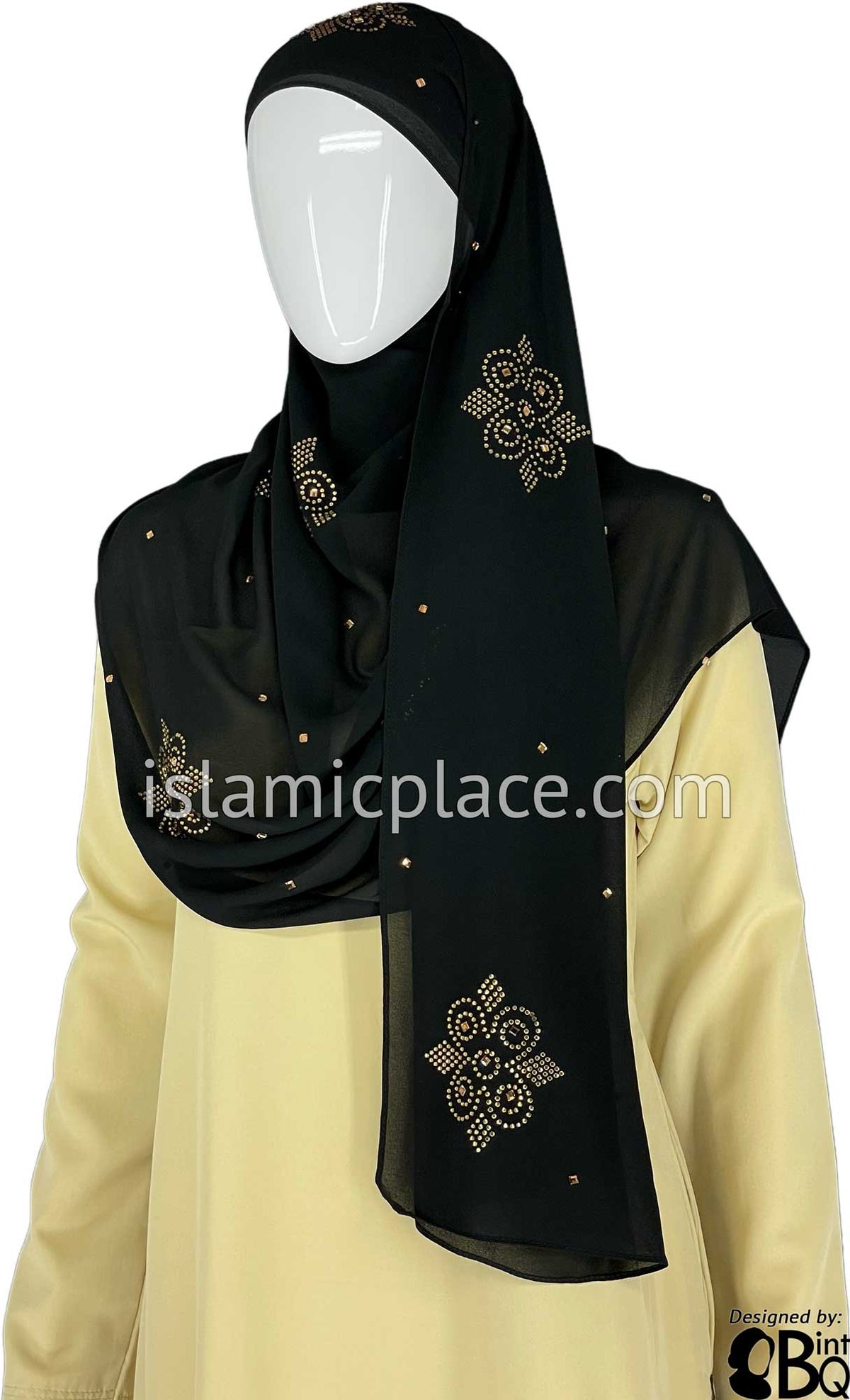 Black with Golden Stones in Design 125 - Georgette Chiffon Shayla Long Rectangle Hijab 30&quot;x70&quot;