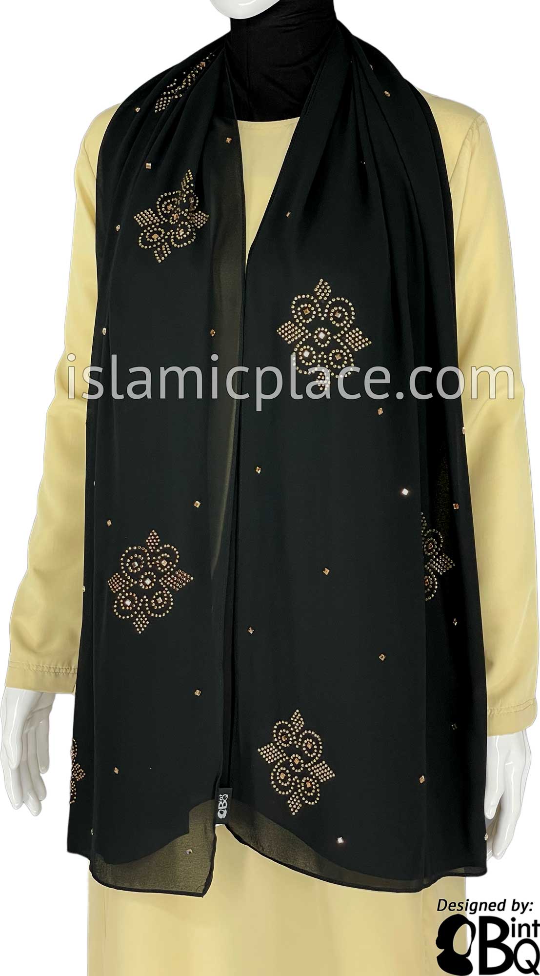 Black with Golden Stones in Design 125 - Georgette Chiffon Shayla Long Rectangle Hijab 30"x70"