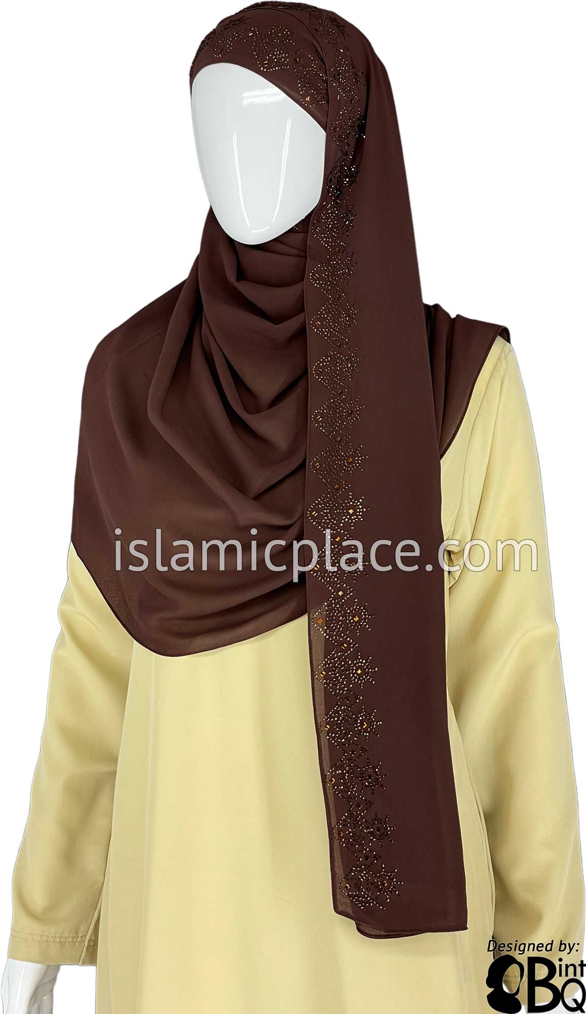 Brown with Brown Stones in Design 31 - Georgette Chiffon Shayla Long Rectangle Hijab 30"x70"