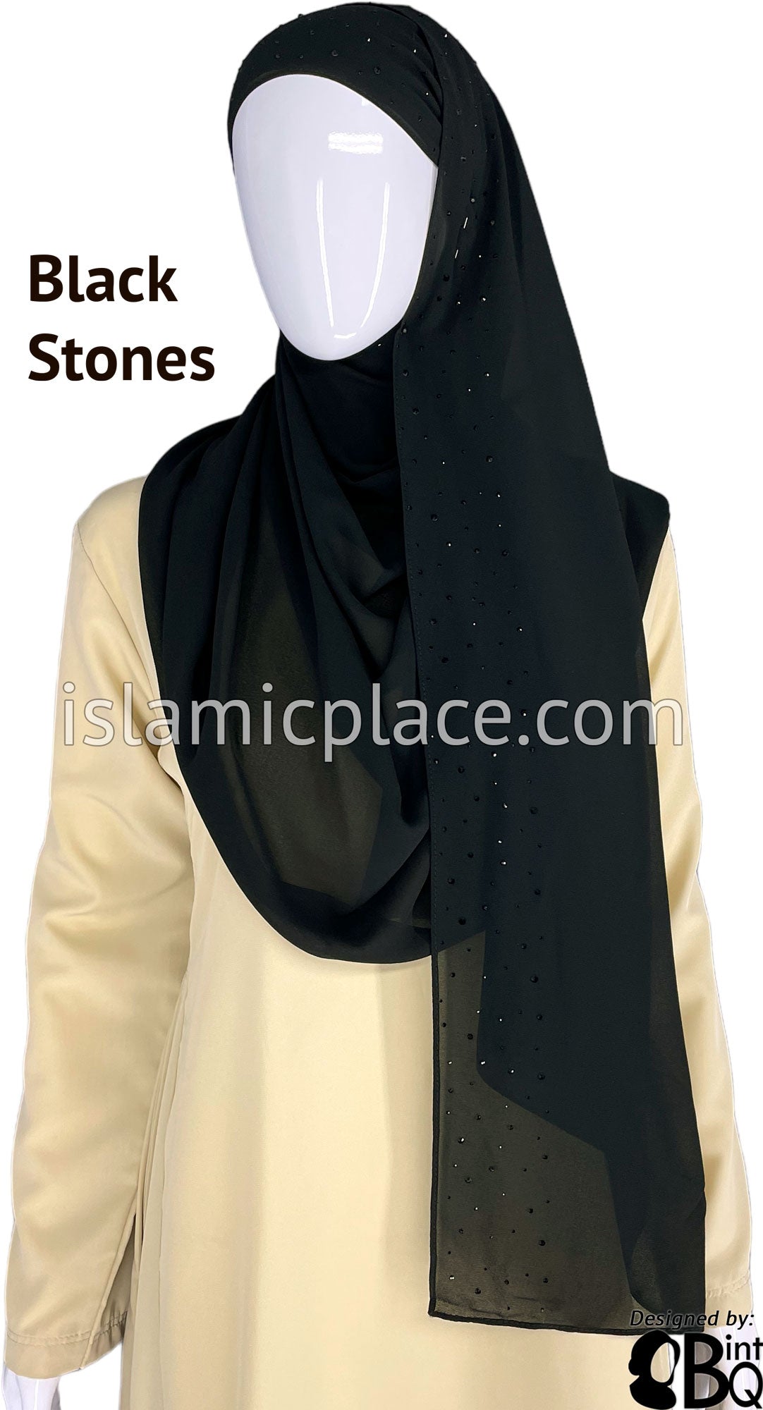 Black with Black Stones in Design 56 - Georgette Chiffon Shayla Long Rectangle Hijab 30&quot;x70&quot;