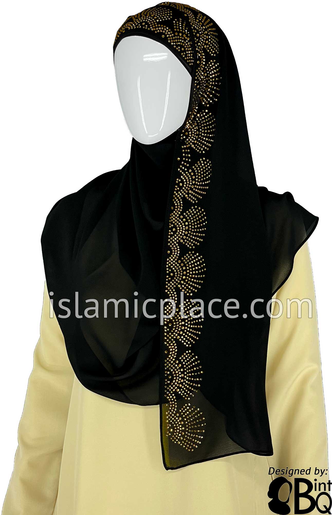 Black with Goldren Stones in Design 26 - Georgette Chiffon Shayla Long Rectangle Hijab 30"x70"